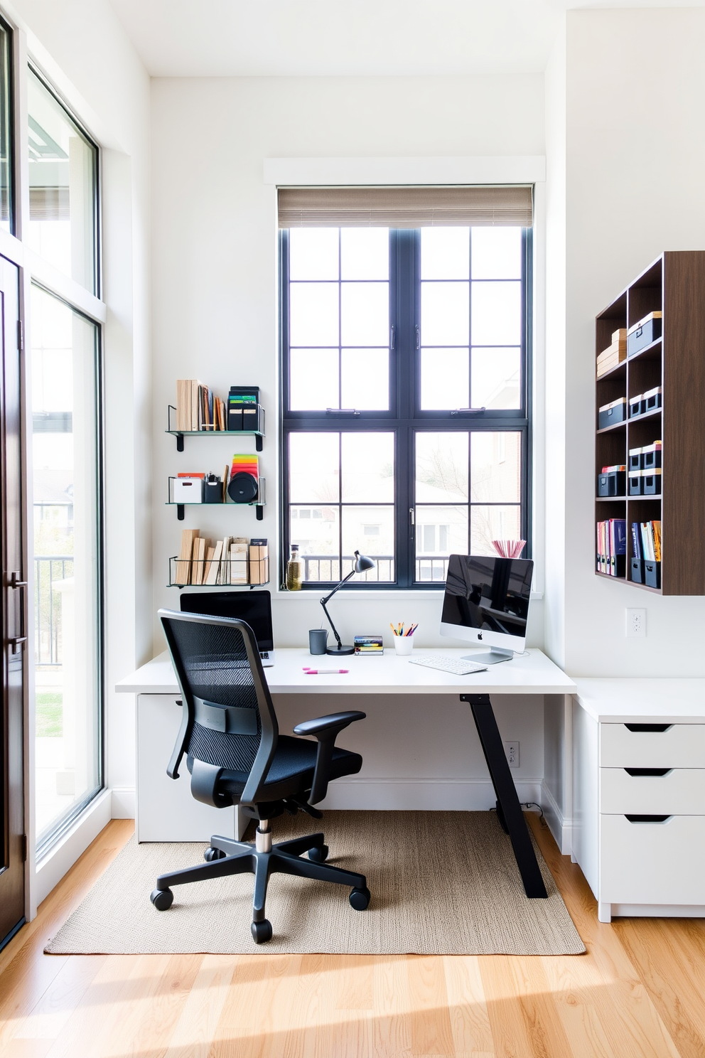 A modern shared home office featuring wall-mounted organizers for office supplies. The space is designed with a sleek desk, comfortable ergonomic chairs, and ample natural light flooding in from large windows.