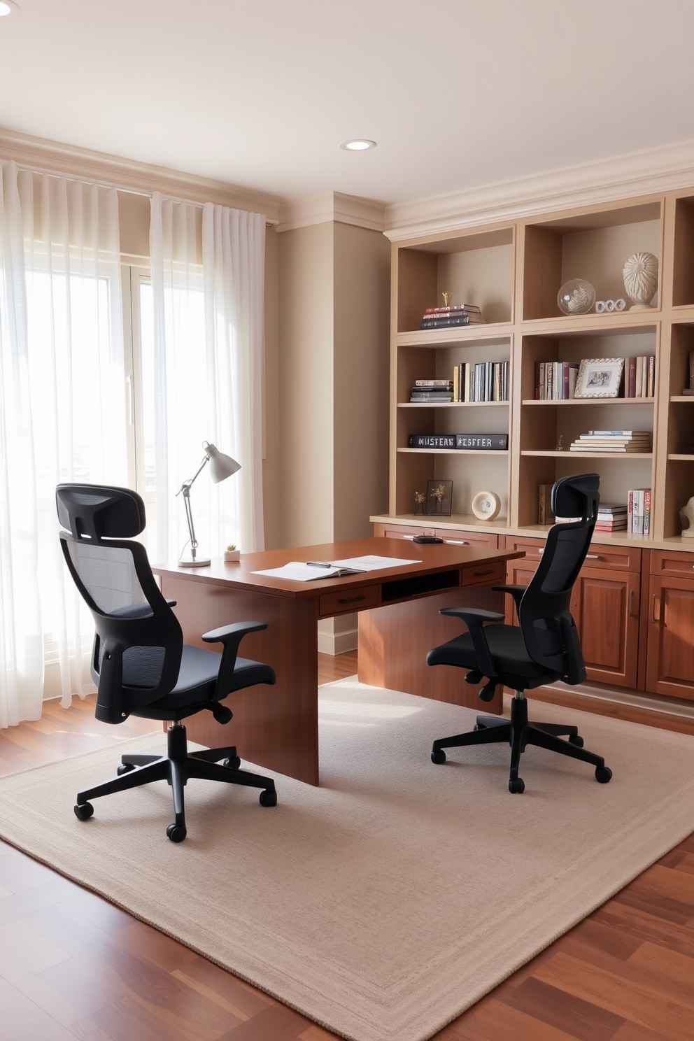 A tranquil shared home office space featuring a large wooden desk with a sleek design and comfortable ergonomic chairs on either side. The walls are painted in a soft beige tone, complemented by built-in shelves filled with books and decorative items for inspiration. Natural light floods the room through large windows adorned with sheer white curtains, enhancing the serene atmosphere. A cozy rug in a light gray hue lies beneath the desk, adding warmth and texture to the space.