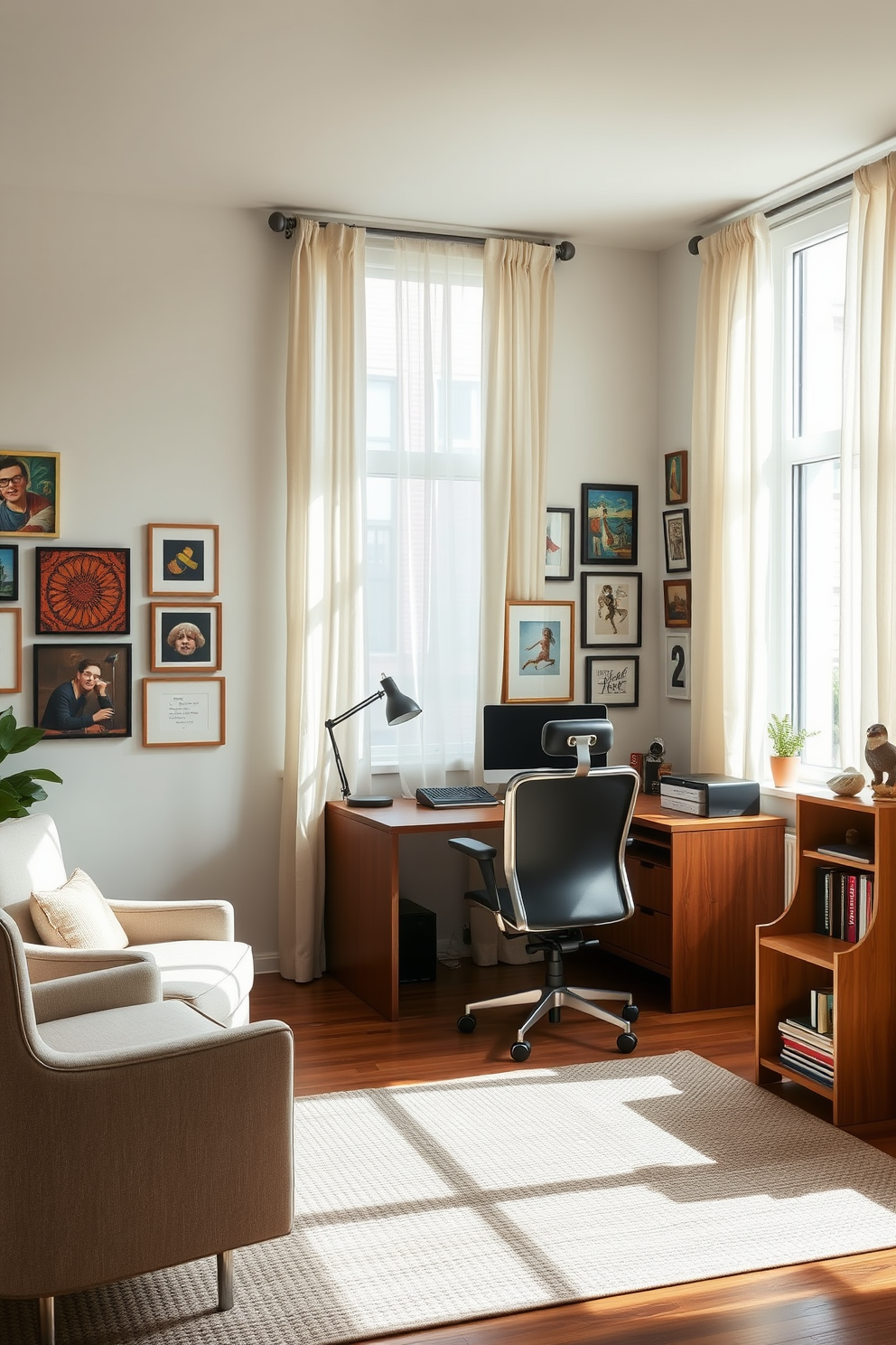 A shared home office design featuring a large wooden desk positioned in the center of the room. On the desk, there are two stylish ergonomic chairs and a variety of personal artwork displayed on the walls to inspire creativity. Natural light floods the space through oversized windows adorned with sheer curtains. A cozy reading nook with a plush armchair and a small bookshelf creates an inviting atmosphere for relaxation and productivity.