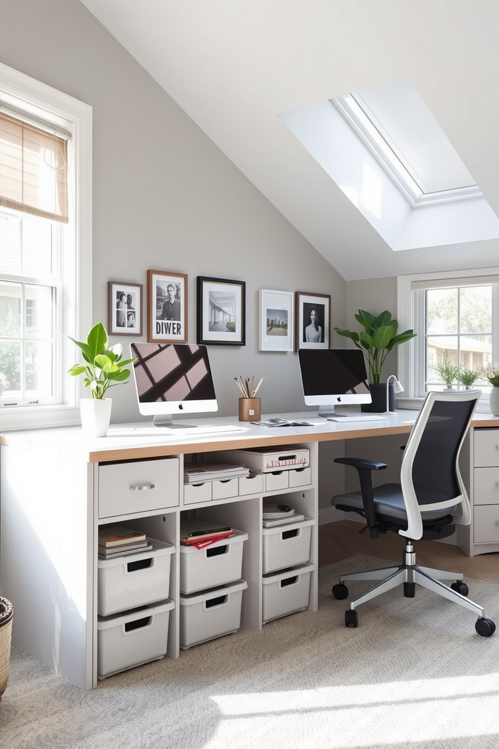 A shared home office features a spacious desk with dual workstations, each equipped with ergonomic chairs. Underneath the desk, neatly organized under-desk storage bins provide ample space for office supplies and documents, promoting a clutter-free environment. The room is illuminated by natural light streaming through large windows, enhancing productivity. A soothing color palette of soft grays and whites creates a calm atmosphere, while personal touches like framed photos and plants add warmth and character.