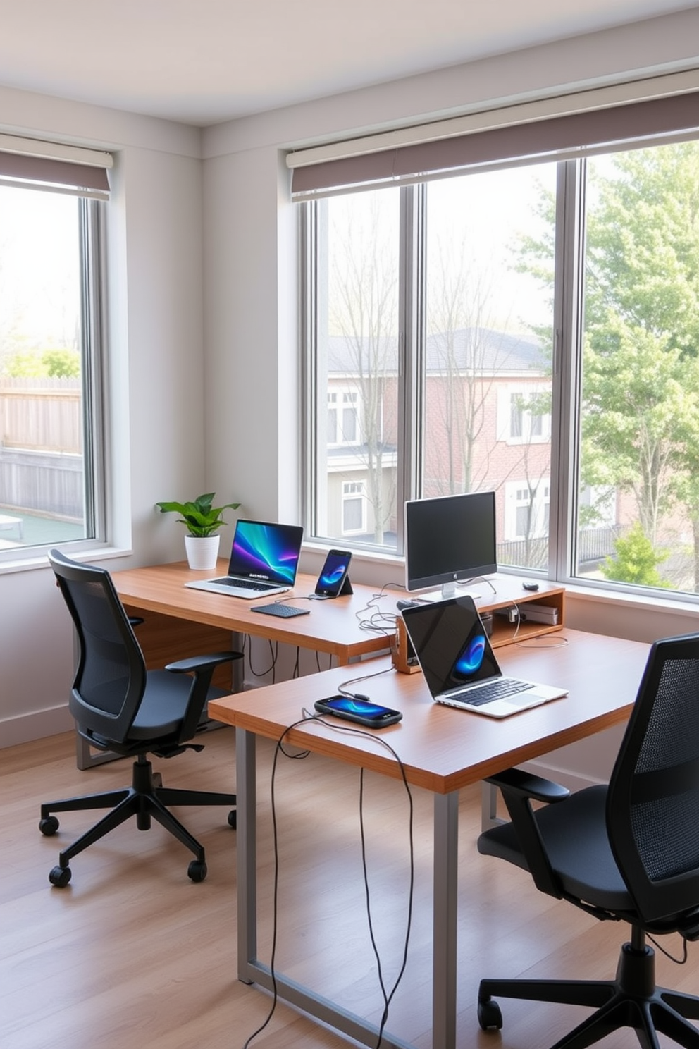 A modern shared home office design featuring a tech-friendly charging station integrated into a sleek wooden desk. The workspace includes ergonomic chairs, ample natural light from large windows, and organized cable management for a clean aesthetic.