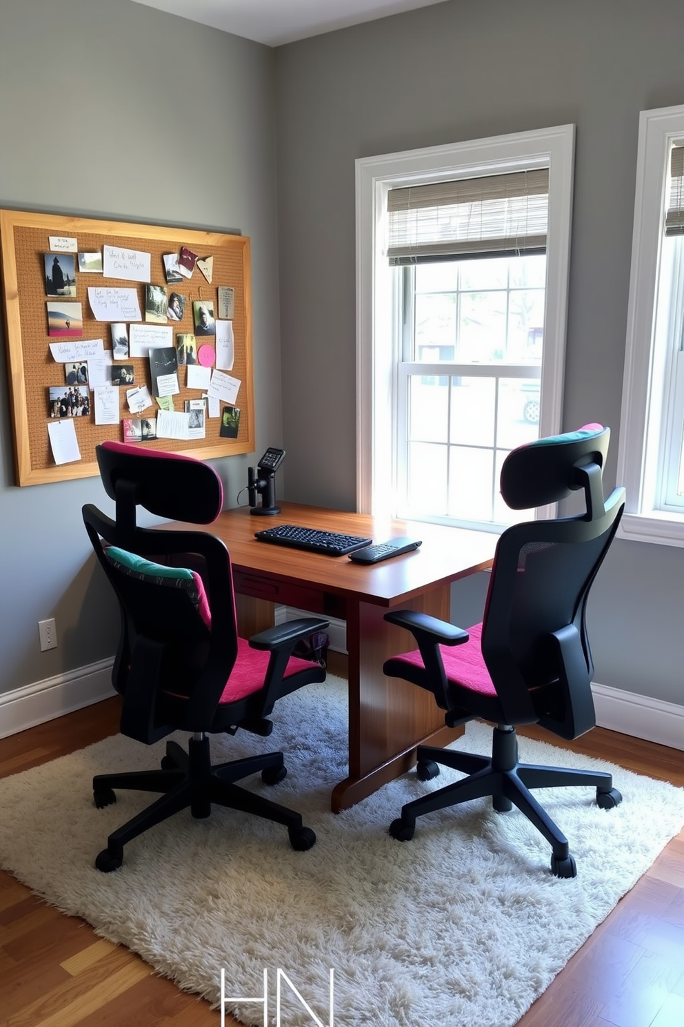 A cozy shared home office space features a large wooden desk positioned in front of a window, allowing natural light to flood the room. The desk is paired with two ergonomic chairs, each adorned with colorful cushions for added comfort. On the wall behind the desk, a bulletin board is mounted for shared reminders, covered with notes, photos, and inspirational quotes. The room is painted in a soft gray with accents of teal, and a plush area rug lies beneath the desk, adding warmth to the space.