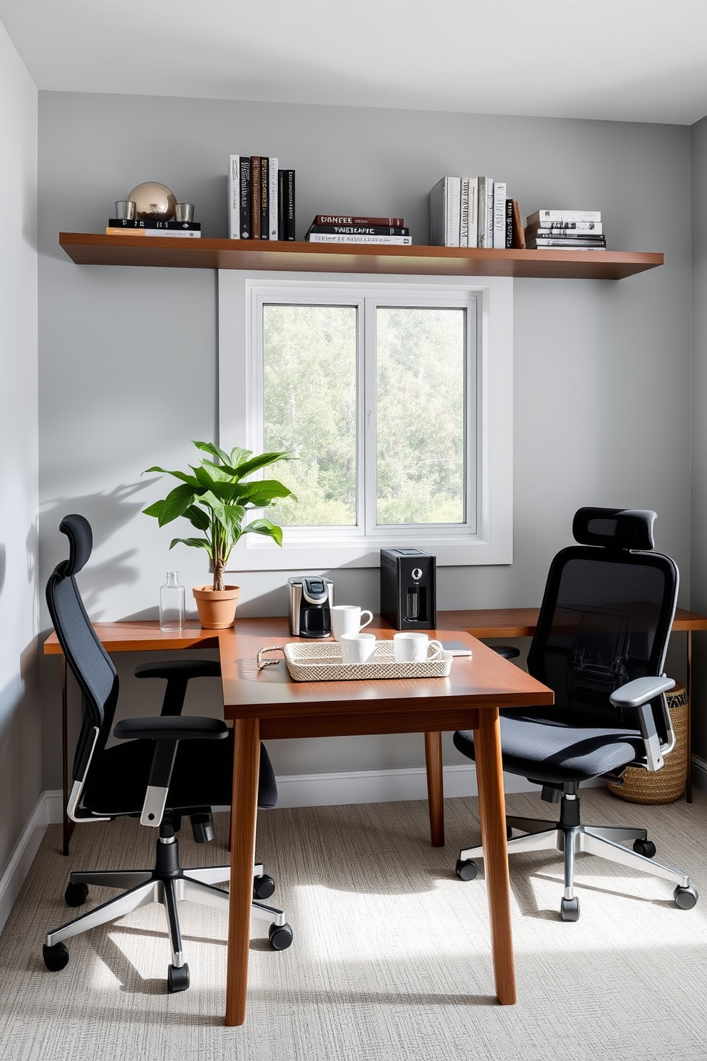 A stylish shared home office features a large wooden desk with ample workspace for two. Behind the desk, there are two comfortable ergonomic chairs and a wall-mounted shelving unit filled with books and decorative items. In one corner, a cozy coffee station is set up with a sleek espresso machine and a small wooden cart for coffee supplies. The walls are painted in a soft gray hue, and a vibrant piece of artwork adds a pop of color to the space.