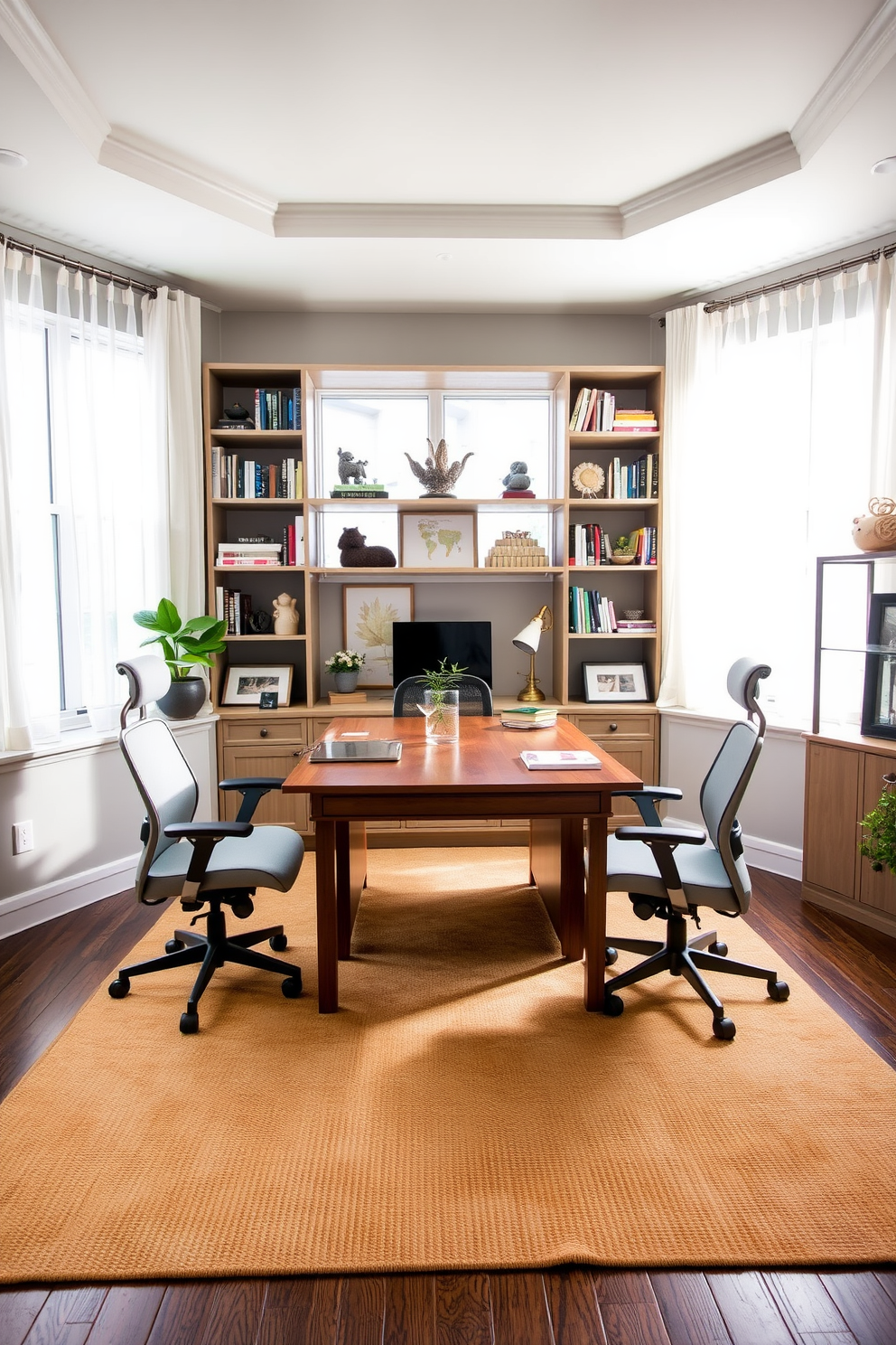 A cozy shared home office features a large wooden desk positioned centrally, flanked by two ergonomic chairs. The walls are painted in a calming light gray, and a soft area rug in warm tones adds comfort underfoot. Natural light streams in through large windows adorned with sheer curtains, creating an inviting atmosphere. Shelving units filled with books and decorative items provide both functionality and style, enhancing the workspace's aesthetic appeal.