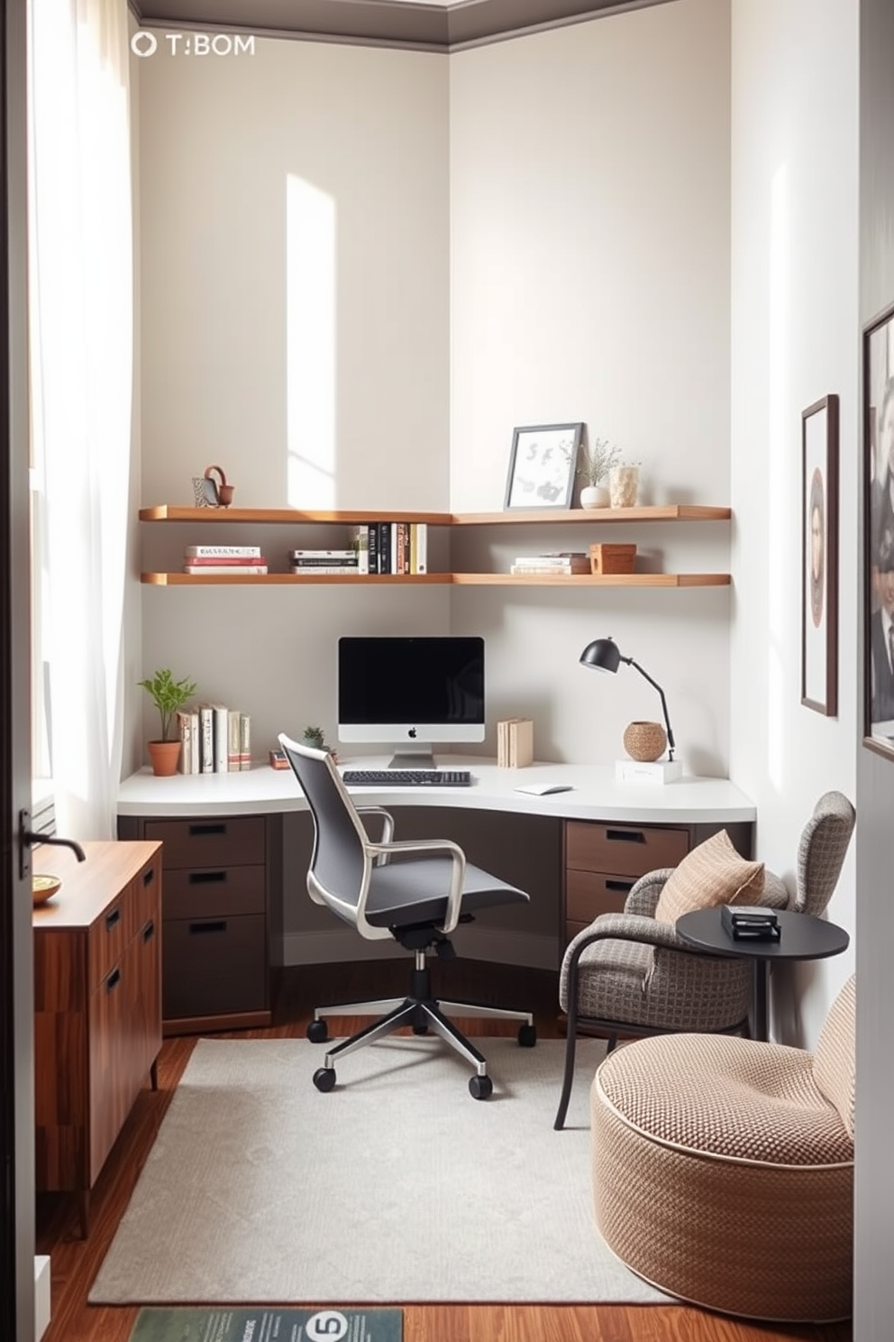 A shared home office design that maximizes corner spaces features a sleek L-shaped desk that fits snugly into the corner. Above the desk, floating shelves display books and decorative items while a comfortable ergonomic chair provides support for long hours of work. Natural light floods the space through a large window, complemented by soft sheer curtains. A cozy reading nook with a small armchair and a side table is positioned nearby, creating a perfect spot for breaks and inspiration.