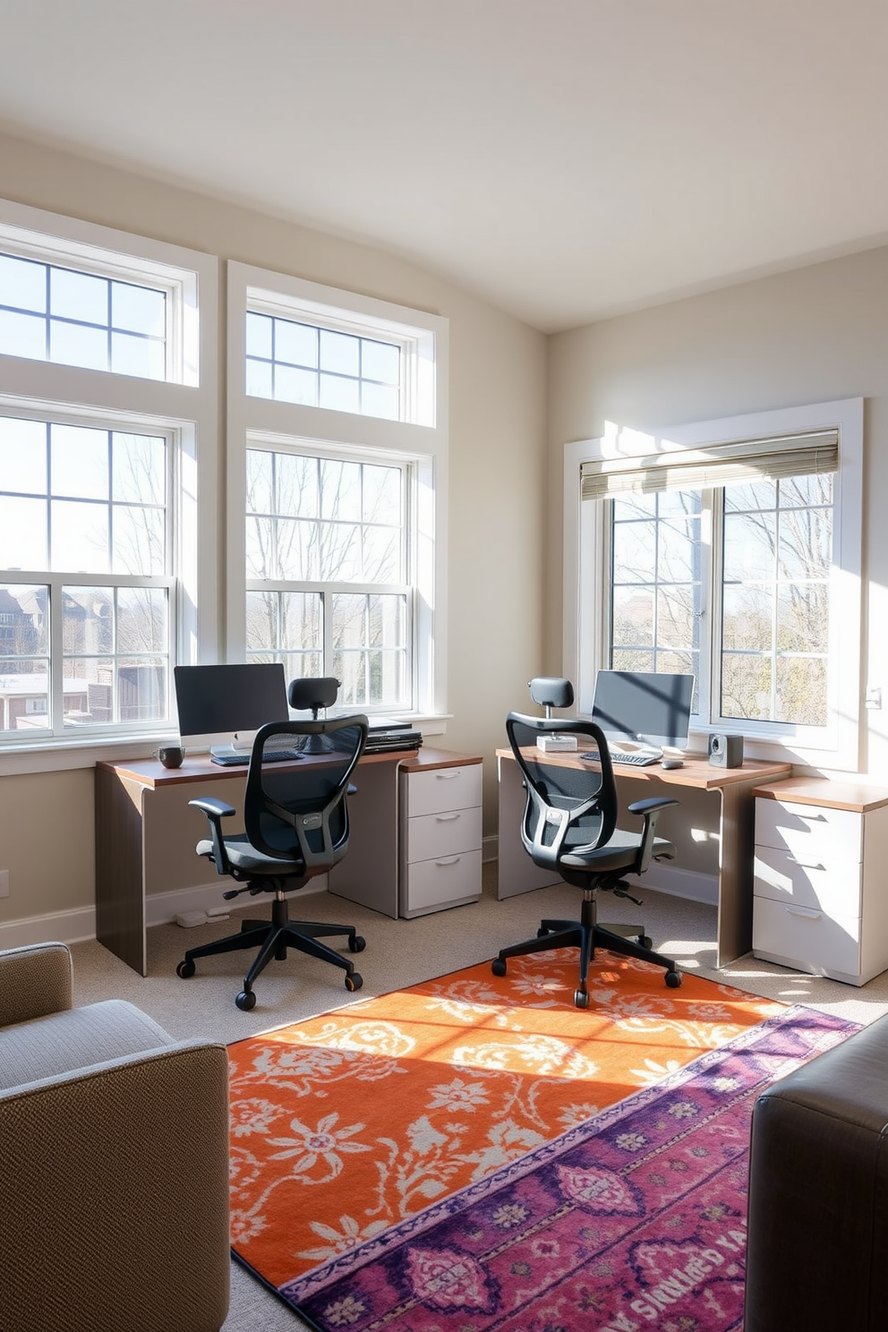 A modern L-shaped desk is positioned in the corner of a shared home office, featuring a sleek wooden finish and ample storage drawers. The space is enhanced by ergonomic chairs and a large window allowing natural light to flood in, creating an inviting workspace for collaboration.