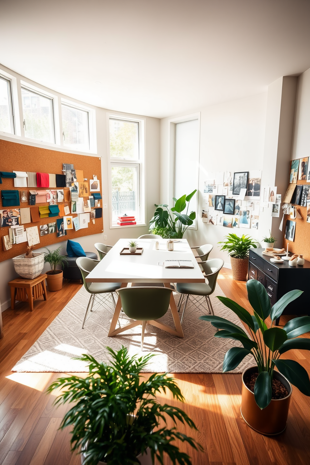 A collaborative mood board area designed for a shared home office. The space features a large central table surrounded by comfortable chairs, with various fabric swatches, paint samples, and inspirational images pinned on a corkboard wall. Natural light floods the room through large windows, enhancing the creativity of the environment. A mix of greenery and personal items adds warmth and personality to the workspace, making it inviting for collaboration.