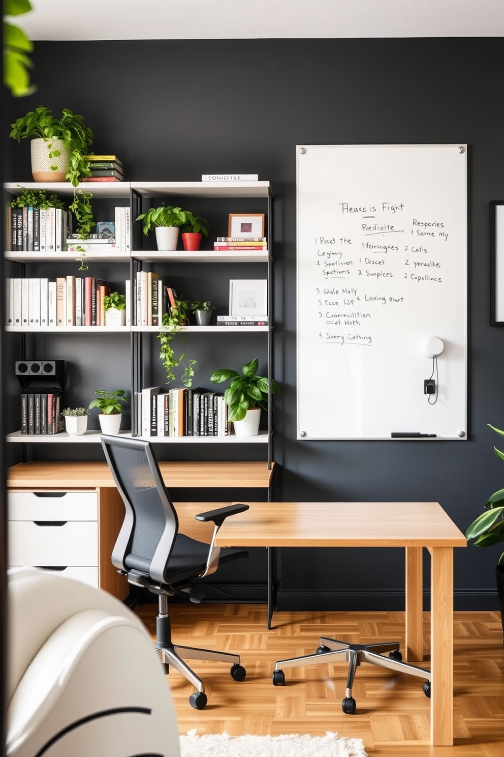 A modern shared home office with a large whiteboard mounted on the wall for brainstorming sessions. The space features a sleek wooden desk with two ergonomic chairs, surrounded by shelves filled with books and plants for a touch of greenery.