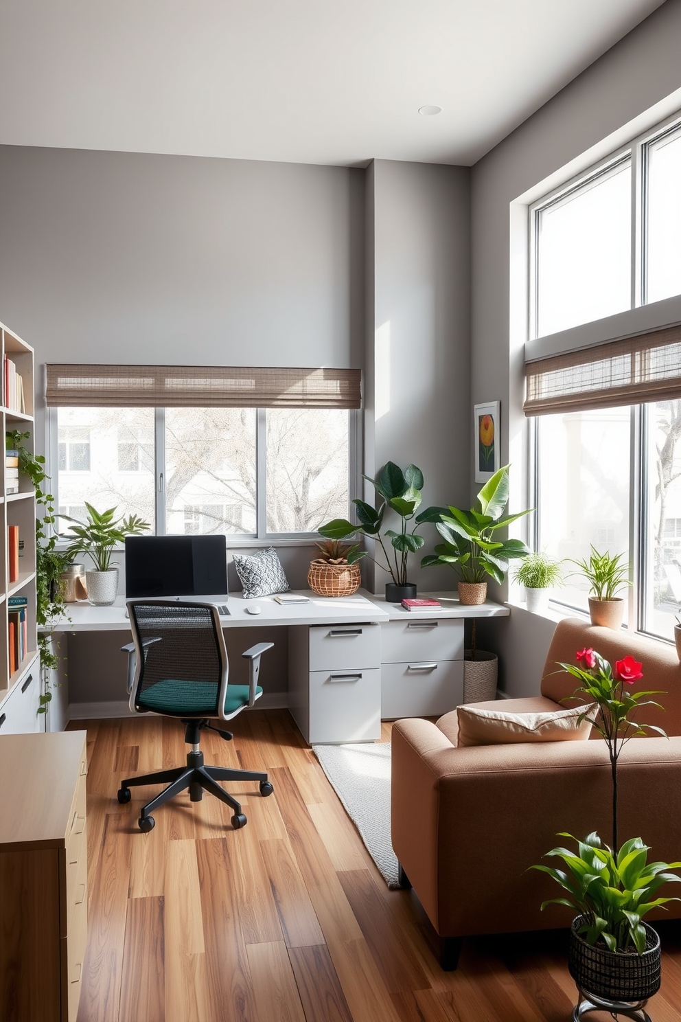 A shared home office designed for productivity and comfort. The space features a large wooden desk with two ergonomic chairs, framed by shelves filled with books and personal photos. On one side, a cozy reading nook with a plush armchair and a small side table creates an inviting atmosphere. The walls are adorned with inspiring art pieces, and a soft area rug adds warmth to the room.