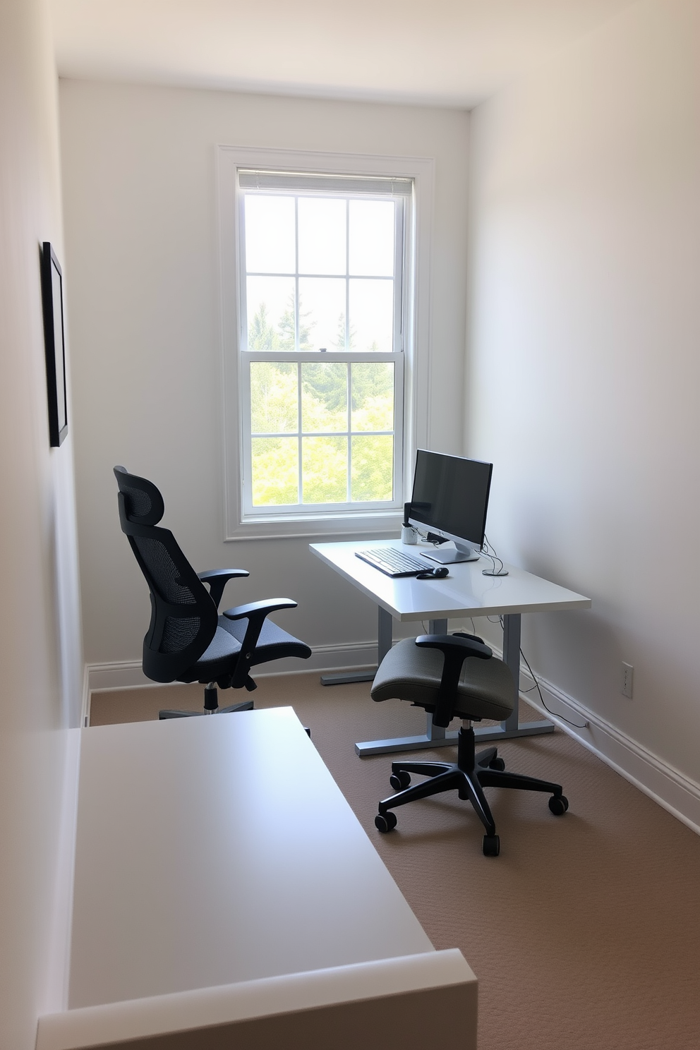 A serene home office space designed for quiet phone calls. The room features a sleek desk positioned near a window, allowing natural light to illuminate the workspace. Comfortable ergonomic chairs are placed on either side of the desk, promoting productivity during calls. Soft, neutral colors adorn the walls, creating a calming atmosphere conducive to focused work.