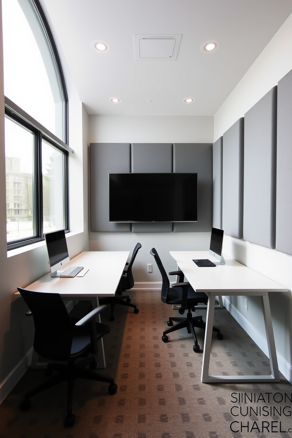 A modern shared home office setting designed for focus and productivity. The room features soundproofing panels on the walls, creating a serene environment for collaboration. There are two sleek desks positioned opposite each other, each equipped with ergonomic chairs. A large window allows natural light to flood the space, complemented by soft, adjustable lighting overhead.