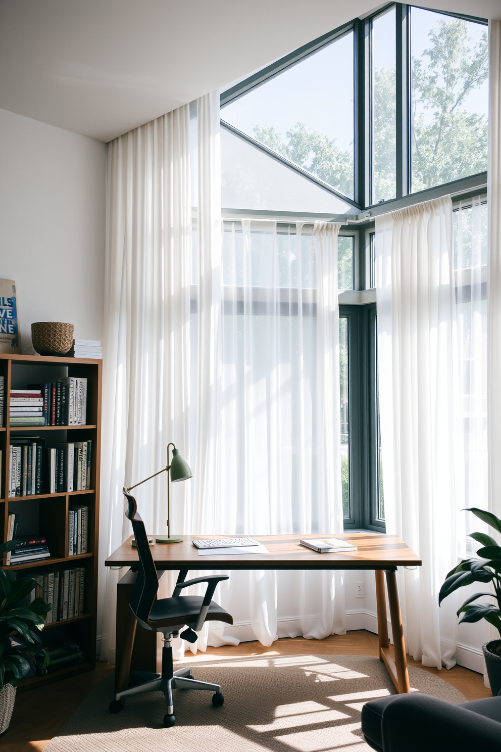 A bright and airy home office space with large windows allowing natural light to flood in. Sheer white curtains gently diffuse the sunlight, creating a warm and inviting atmosphere. The workspace features a sleek wooden desk paired with a comfortable ergonomic chair. A stylish bookshelf filled with books and decorative items adds personality to the room.