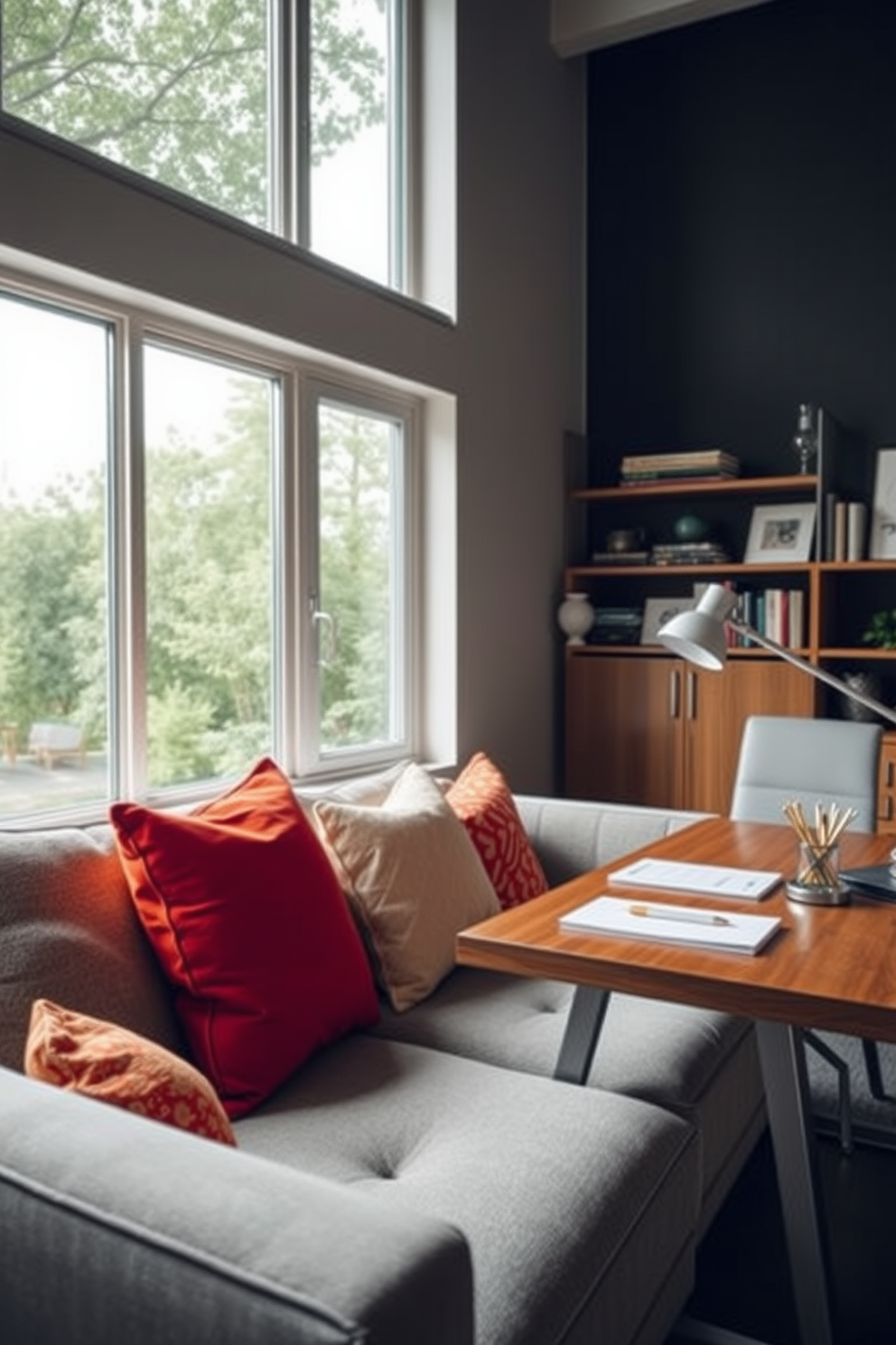 A cozy home office setting featuring a comfortable sofa positioned against a wall. The sofa is upholstered in a soft gray fabric, complemented by colorful throw pillows that add a touch of warmth to the space. A sleek wooden desk sits opposite the sofa, equipped with a modern desk lamp and stylish stationery. Large windows allow natural light to flood the room, enhancing productivity and creating an inviting atmosphere.