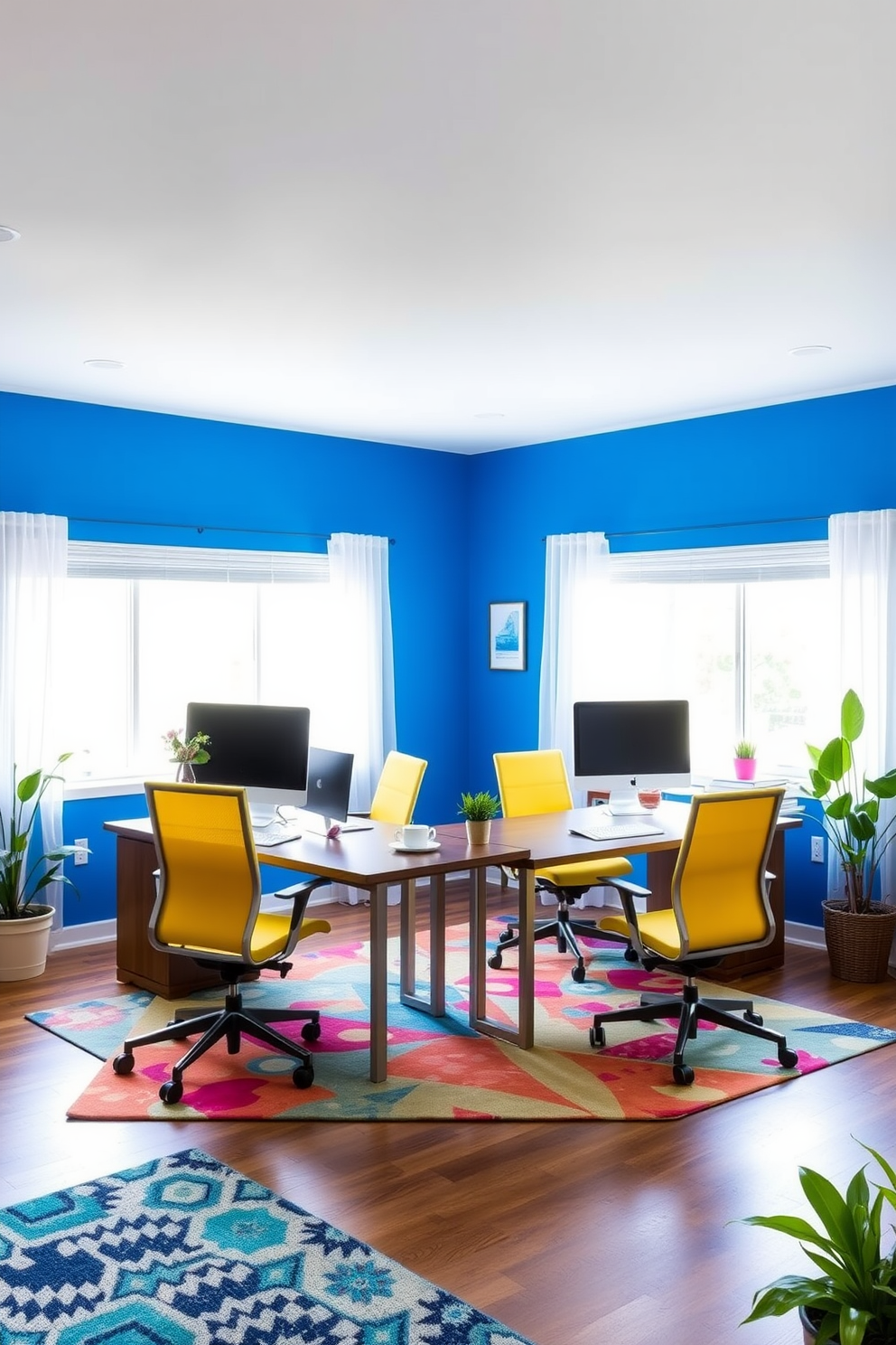 A vibrant shared home office design features a bright blue accent wall that energizes the space. The room includes a large wooden desk with dual workstations, surrounded by ergonomic chairs in a contrasting yellow hue. Natural light floods the area through large windows adorned with sheer white curtains. A colorful area rug adds warmth to the hardwood floor, while potted plants bring a touch of greenery and freshness to the environment.