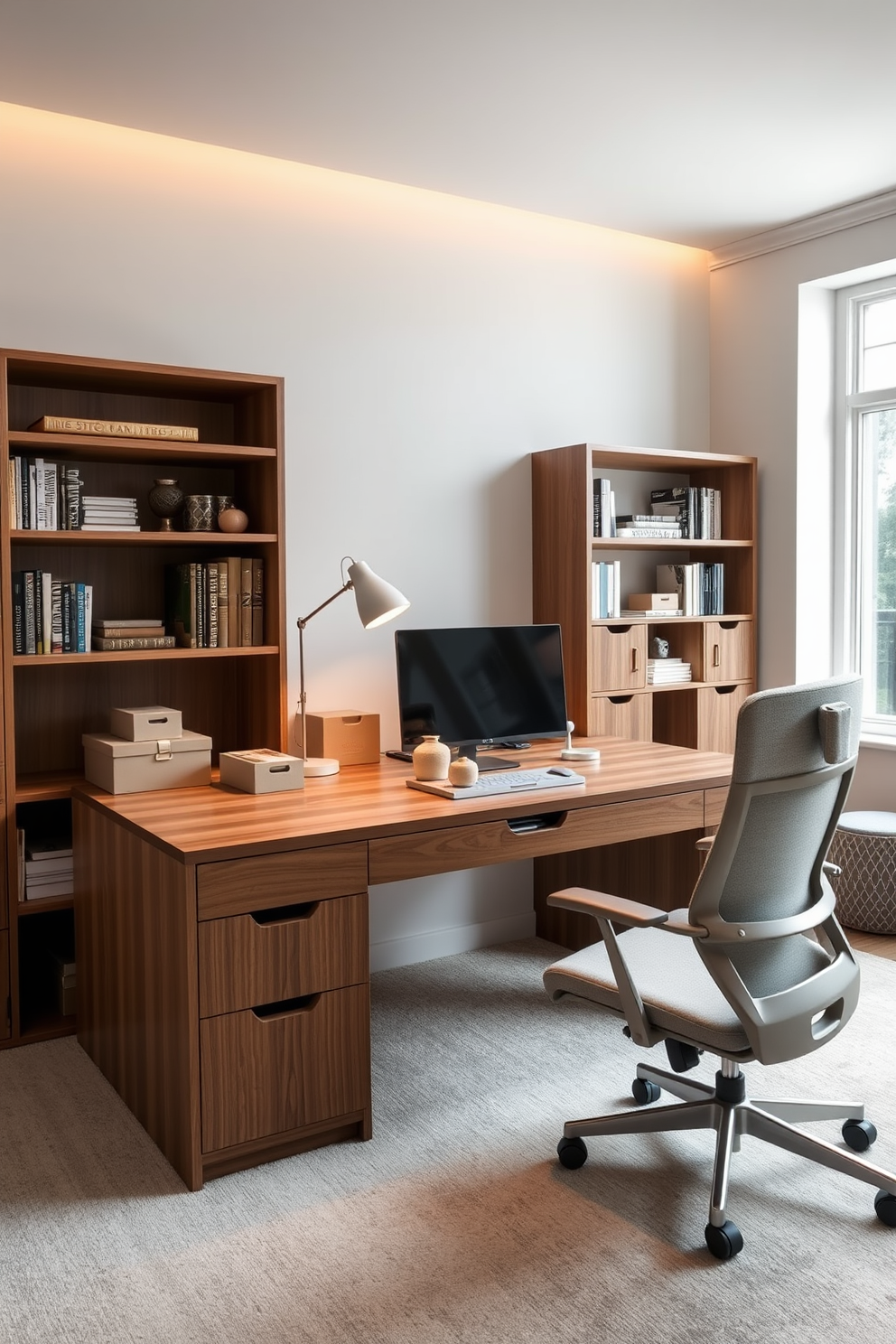 A stylish home office featuring a large wooden desk with a sleek finish positioned against a light gray wall. On the desk, decorative boxes in various sizes are neatly arranged to hide clutter, adding both functionality and elegance to the space. The office includes a comfortable ergonomic chair upholstered in a soft fabric, paired with a modern desk lamp that provides warm lighting. A bookshelf filled with books and decorative items is placed in the corner, while a large window allows natural light to flood the room, enhancing the inviting atmosphere.