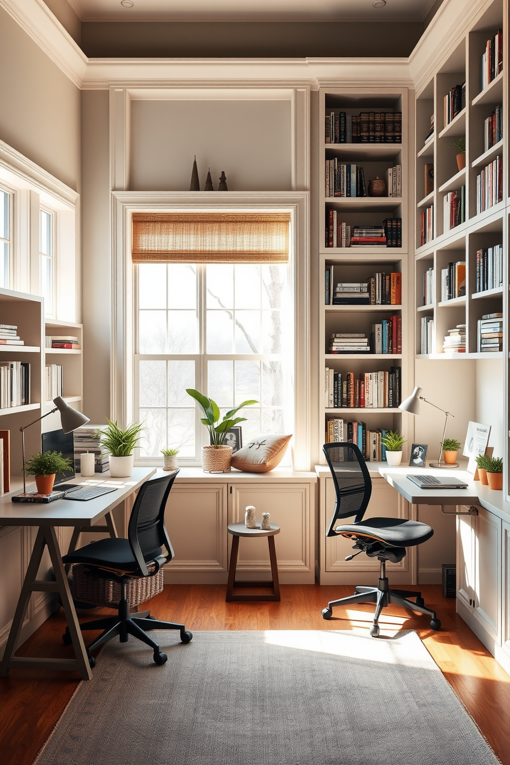 A modern home office featuring a small conference table designed for meetings. The space includes ergonomic chairs, ample natural light from large windows, and shelves filled with books and decorative items. The walls are painted in a calming blue hue, enhancing productivity and creativity. A stylish area rug anchors the seating arrangement, while potted plants add a touch of greenery to the environment.