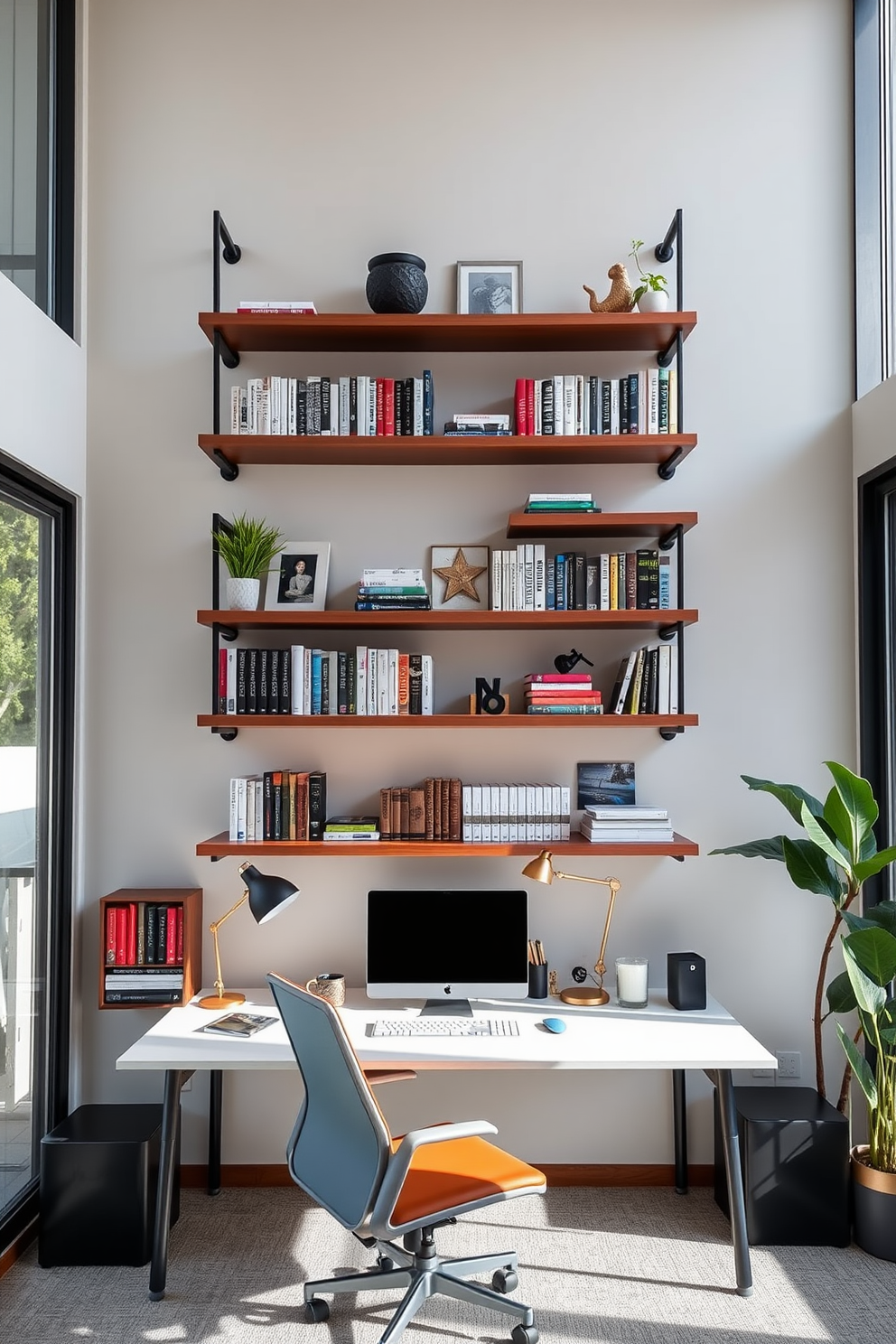 A modern home office featuring floating shelves made of reclaimed wood mounted on a white wall. The shelves are filled with neatly organized books, decorative boxes, and small potted plants to add a touch of greenery. A sleek desk positioned beneath the shelves with a comfortable ergonomic chair. The workspace is illuminated by a stylish desk lamp, and a pinboard on the wall displays inspiring quotes and notes for motivation.