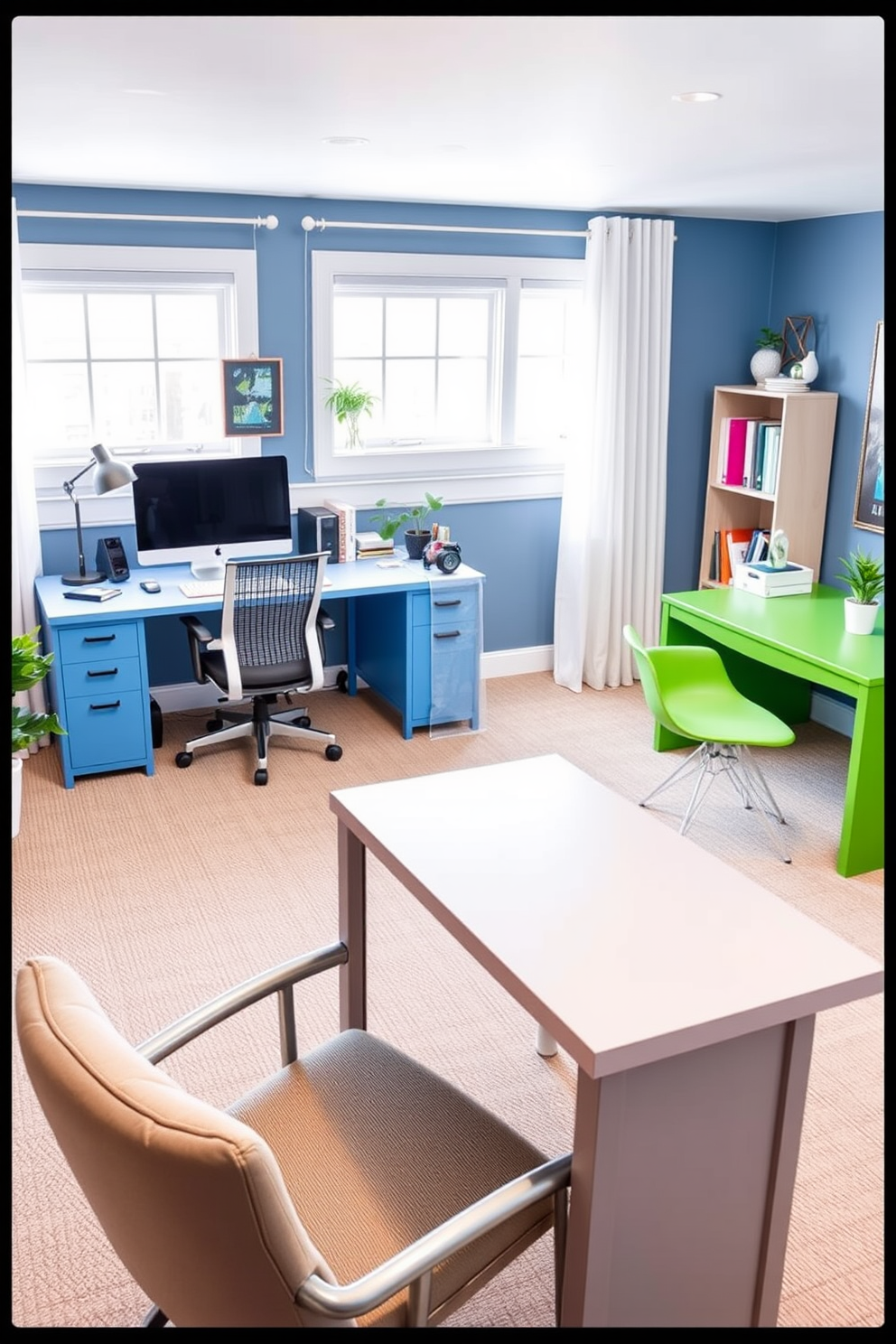 A stylish shared home office featuring elegant room dividers that provide both privacy and aesthetic appeal. The space includes a large wooden desk with matching ergonomic chairs, complemented by soft lighting and decorative plants.