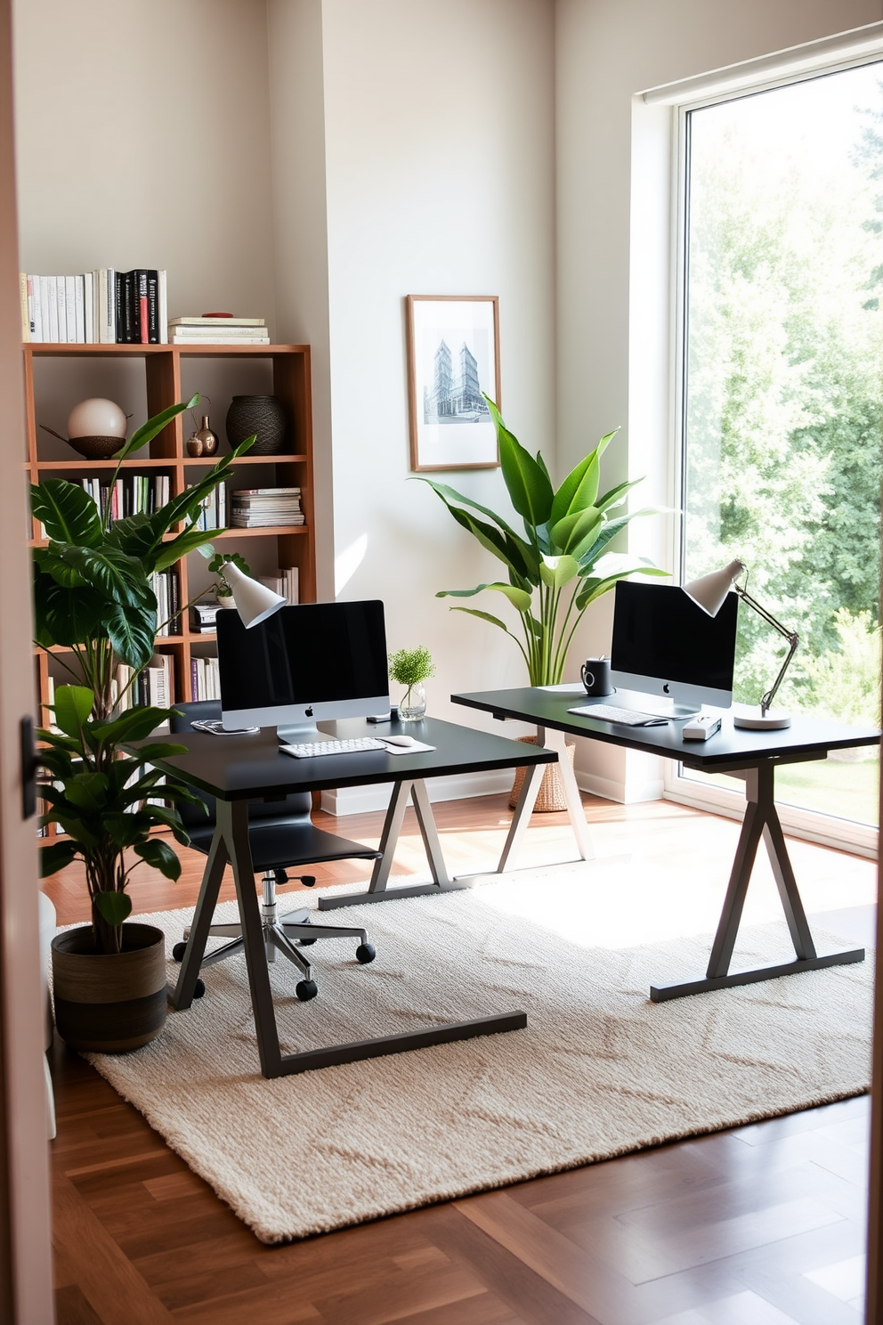 A modern home office featuring a shared filing cabinet system designed for collaboration. The space includes two ergonomic desks facing each other with stylish task chairs, and a sleek filing cabinet positioned between them for easy access to documents. Natural light floods the room through large windows adorned with sheer curtains. The walls are painted in a calming blue tone, and the floor is covered with a soft area rug that adds warmth to the space.