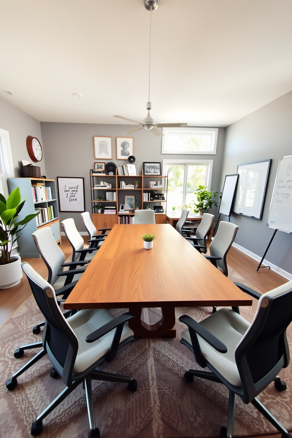 A spacious shared home office features a large wooden table at its center, surrounded by comfortable ergonomic chairs in neutral tones. The walls are painted a soft gray, adorned with inspiring artwork, and large windows allow natural light to flood the space. On one side of the table, there are organized shelves filled with books and decorative items, while the other side has a modern whiteboard for brainstorming sessions. Potted plants in the corners add a touch of greenery, creating a refreshing and motivating work environment.