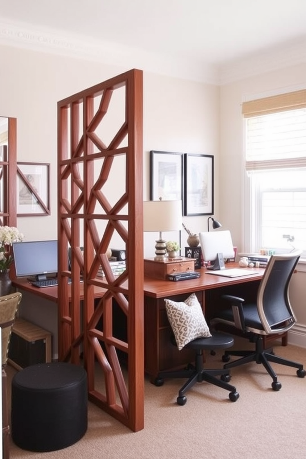 A stylish room divider creates a sense of privacy while adding a touch of elegance to the space. The divider features a modern geometric design in a warm wood finish, complementing the surrounding decor. In a shared home office, a blend of personal styles is essential for harmony. Each workspace is defined by unique desk arrangements and decorative elements that reflect individual personalities while maintaining a cohesive look.