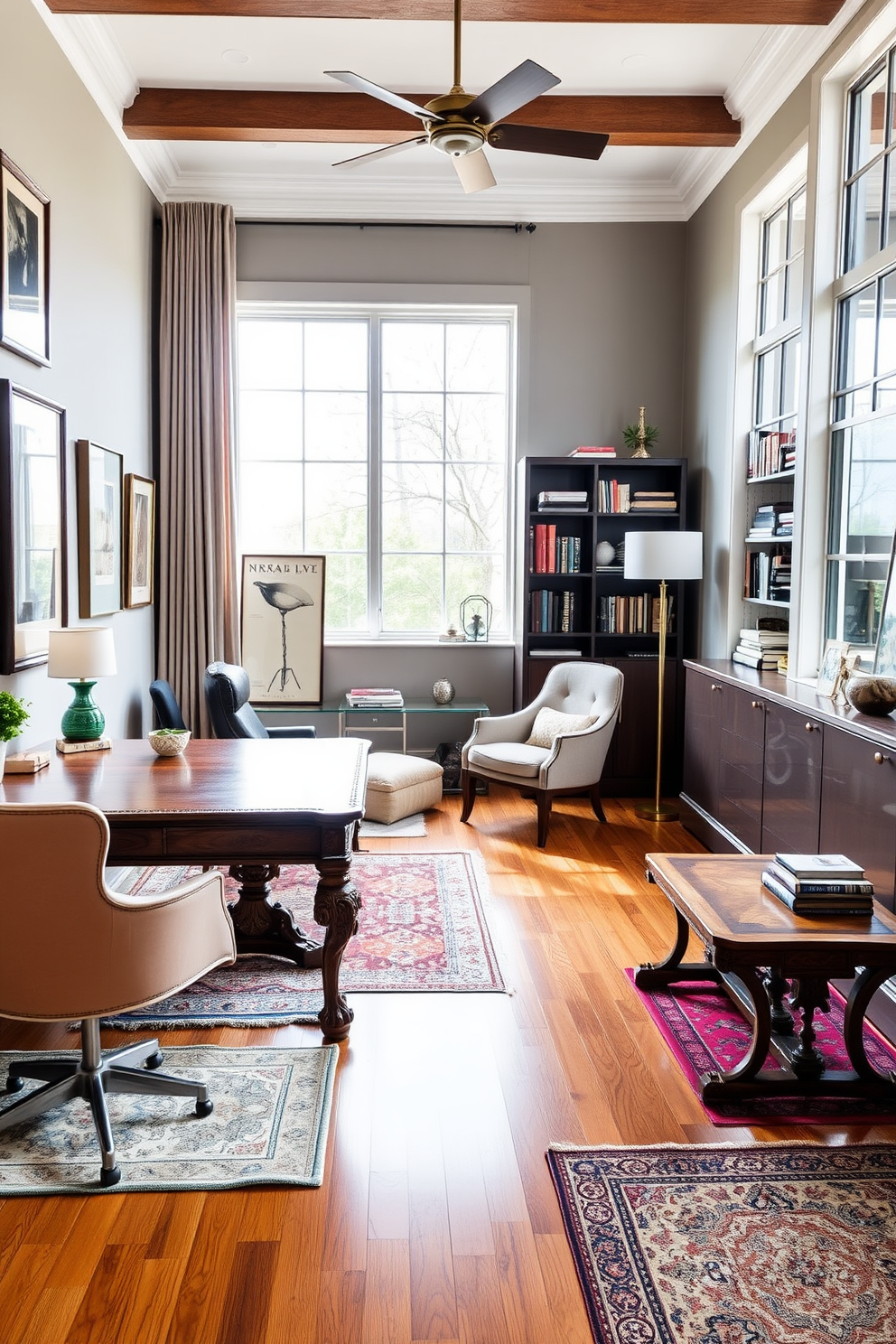 A bright and inviting shared home office space features large windows that allow natural light to flood the room. The design incorporates a long wooden desk positioned in front of the windows, complemented by ergonomic chairs for comfort and productivity. On one side of the room, a cozy reading nook is created with a plush armchair and a small side table. Shelves filled with books and decorative items add personality and warmth to the space while maintaining a clean and organized aesthetic.