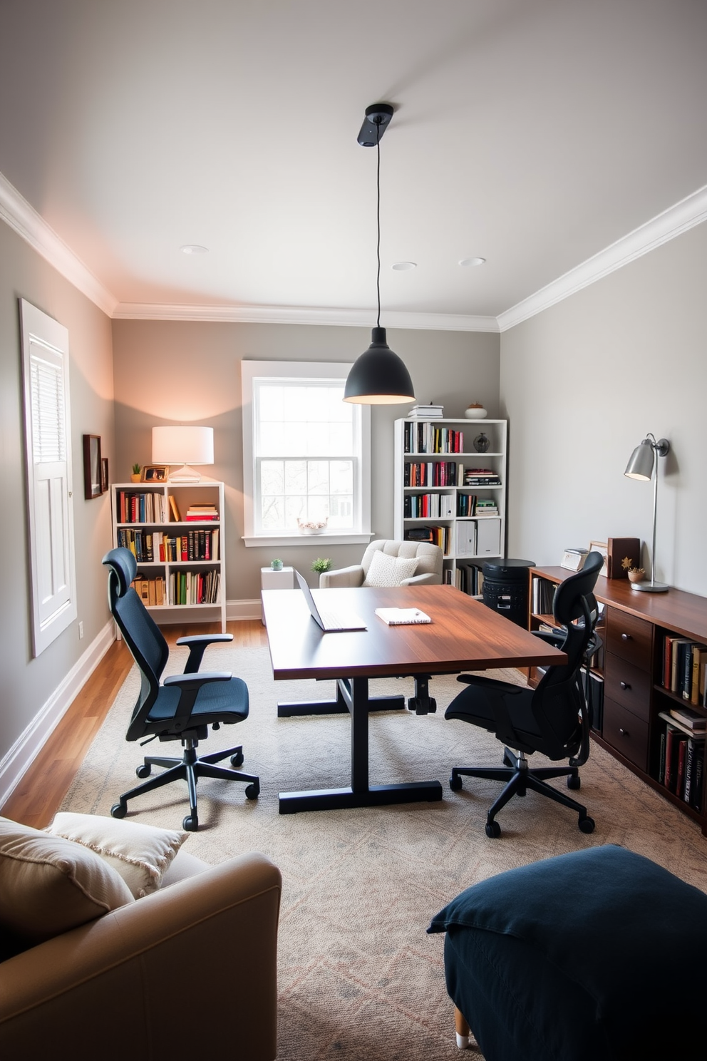 A sleek and modern home office setup featuring integrated cable management solutions. The desk is positioned against a light gray wall with built-in shelves that neatly conceal cords and chargers. A collaborative workspace with dual monitors and ergonomic chairs designed for comfort. Natural light floods the room through large windows, highlighting the organized and clutter-free environment.