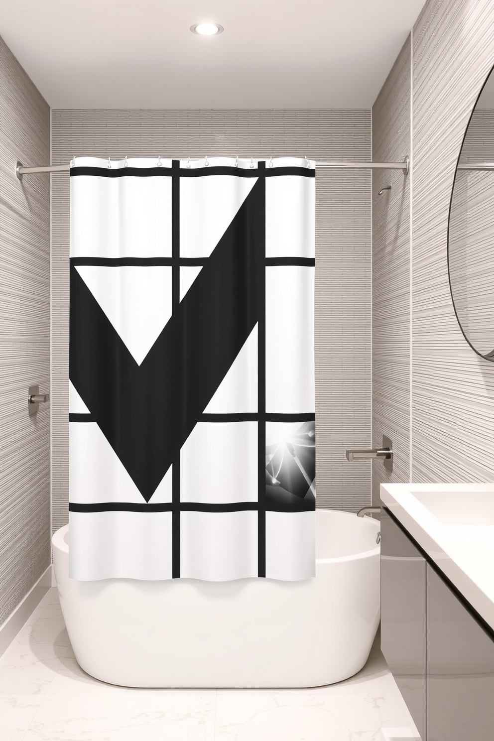 A striking shower curtain design featuring bold geometric patterns in vibrant colors. The patterns create a modern and dynamic look that enhances the overall aesthetic of the bathroom.