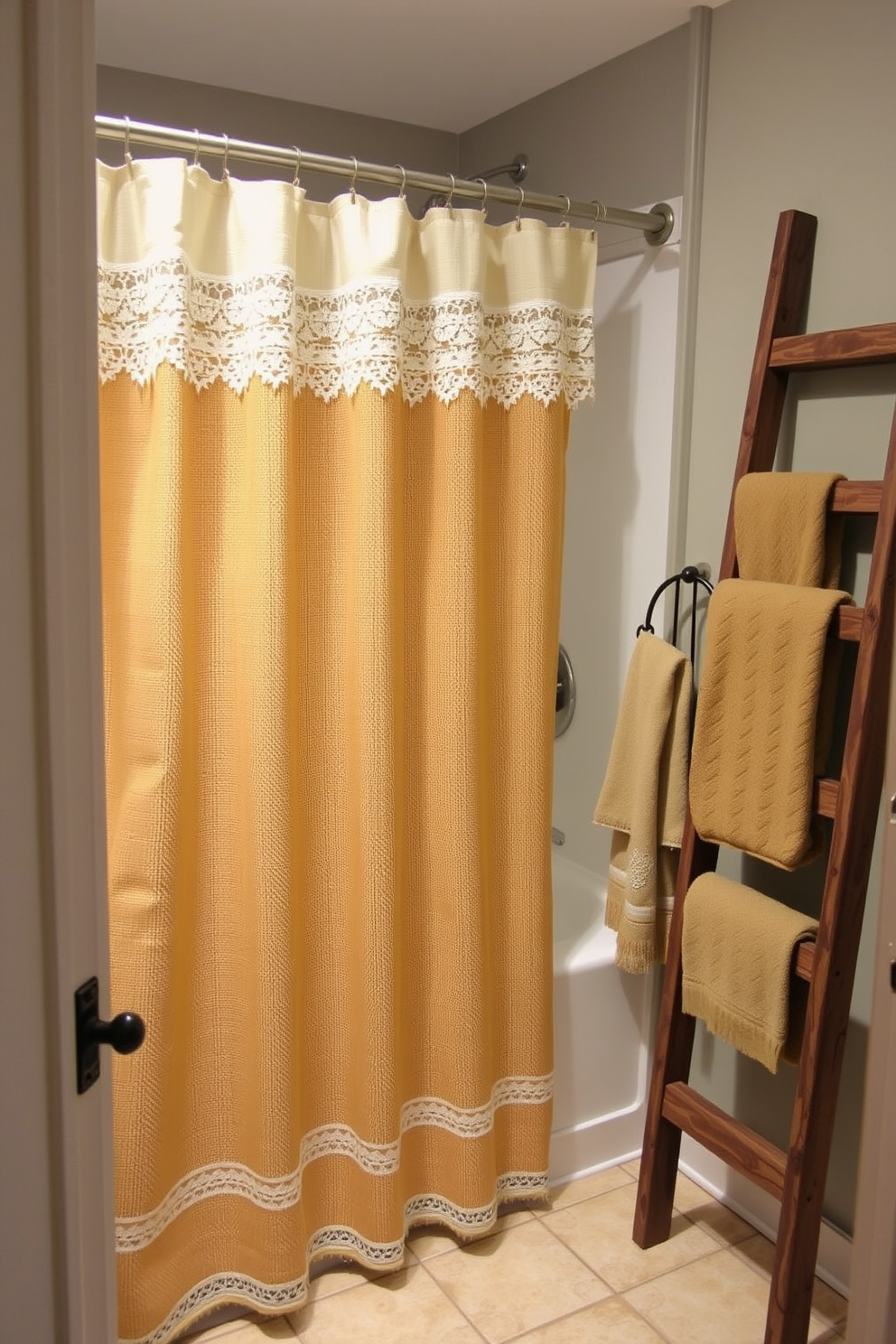 A vibrant bathroom featuring a playful shower curtain adorned with colorful bohemian tassels. The curtain adds a whimsical touch, complementing the eclectic decor of the space. The walls are painted in warm earth tones, creating a cozy atmosphere. A matching bath mat with tassel accents lies in front of a vintage clawfoot tub, enhancing the bohemian vibe.