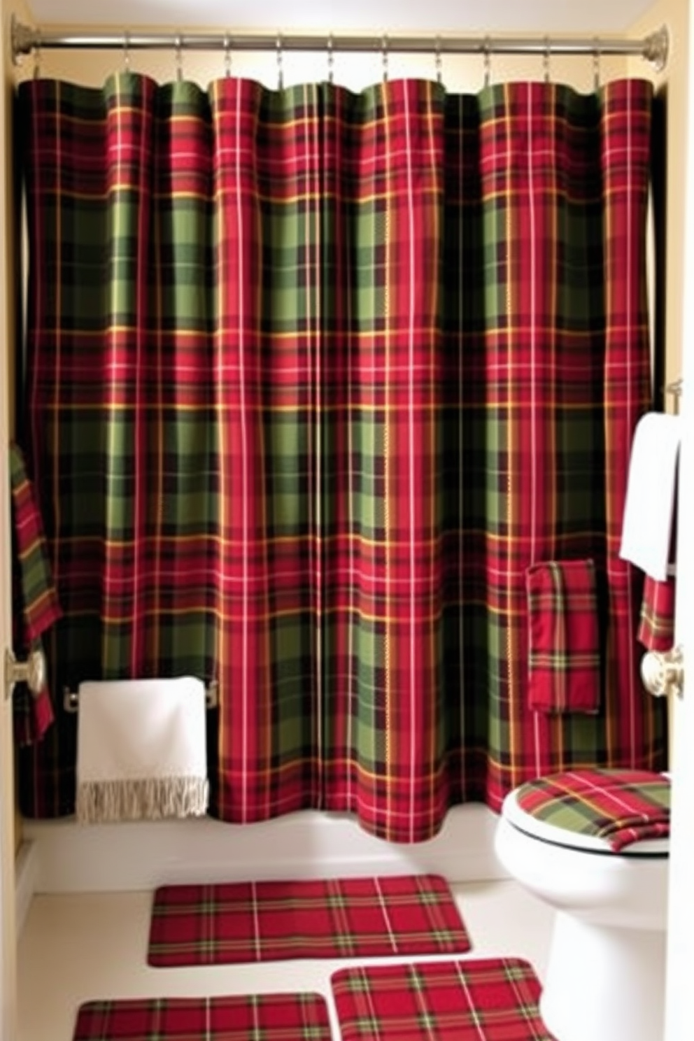 Classic plaid patterns for cozy charm. Imagine a shower curtain adorned with a rich tartan design in warm hues of red, green, and gold, creating a welcoming ambiance. The fabric drapes elegantly, complemented by matching plaid accessories such as towels and bath mats. Soft lighting highlights the texture, enhancing the overall cozy feel of the bathroom space.