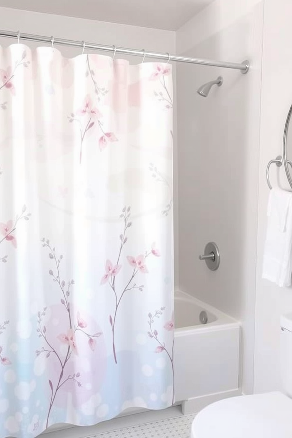 Watercolor designs for a soft aesthetic. The shower curtain features gentle pastel hues blending seamlessly, creating a calming atmosphere in the bathroom. Delicate floral patterns are interspersed with abstract watercolor washes. This design evokes a serene and inviting space, perfect for relaxation.