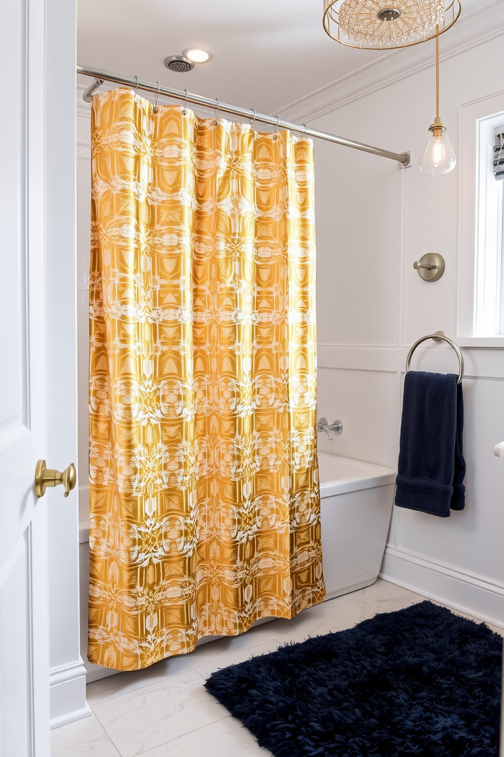 A cozy bathroom setting featuring a shower curtain adorned with rustic plaid patterns in warm earth tones. The curtain complements wooden accents throughout the space, creating a welcoming atmosphere. The shower area is framed by natural wood elements, with a matching wooden shelf displaying neatly rolled towels. Soft lighting enhances the inviting feel, while a woven basket holds bath essentials nearby.