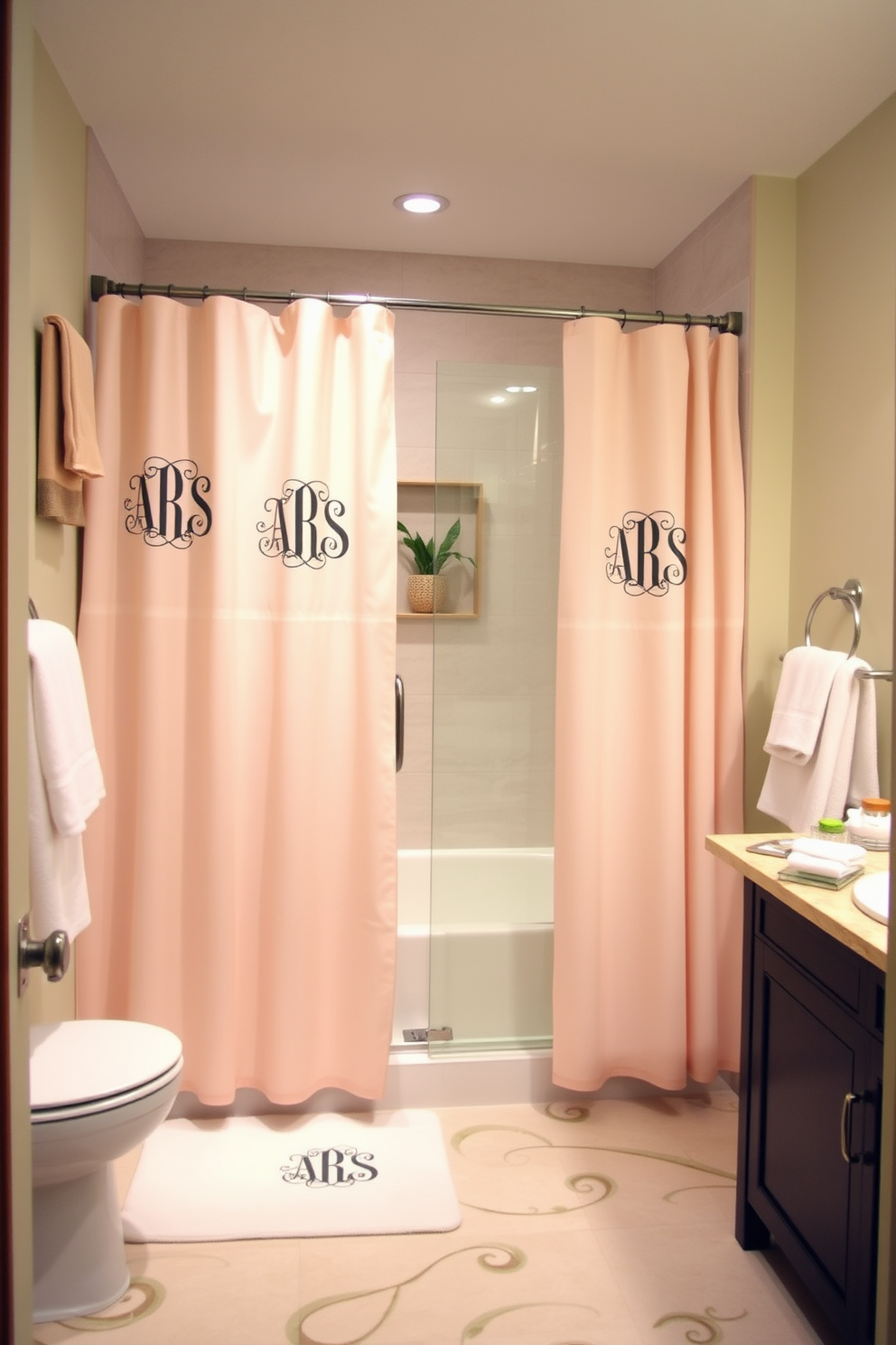 A luxurious bathroom featuring personalized monogrammed shower curtains that add a touch of elegance. The curtains are complemented by a stylish shower rod and a sleek glass shower door, creating a sophisticated focal point in the space. The color scheme includes soft pastels that harmonize with the overall decor. A matching bath mat and towels enhance the cohesive look, while decorative accents like a small potted plant add a fresh touch.