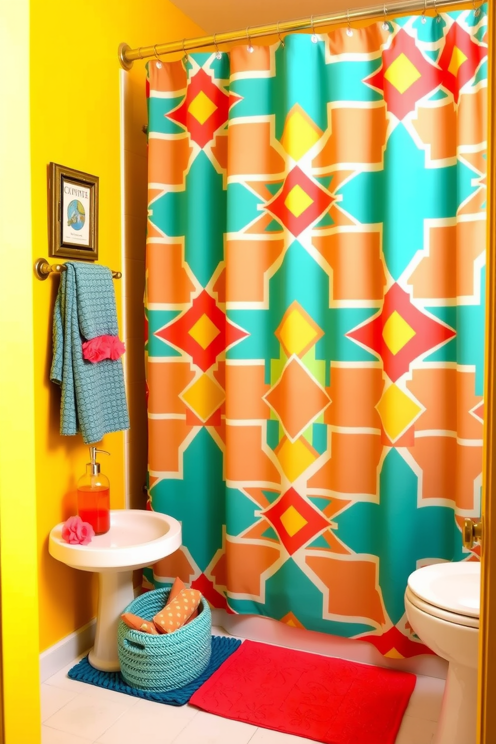 A vibrant bathroom filled with bright colors to energize the space. The shower curtain features a bold geometric pattern in shades of turquoise, yellow, and coral, creating a lively focal point. Surrounding the shower area, the walls are painted a cheerful sunny yellow that complements the curtain. Decorative accessories in matching colors, such as a soap dispenser and bath mat, enhance the playful atmosphere.