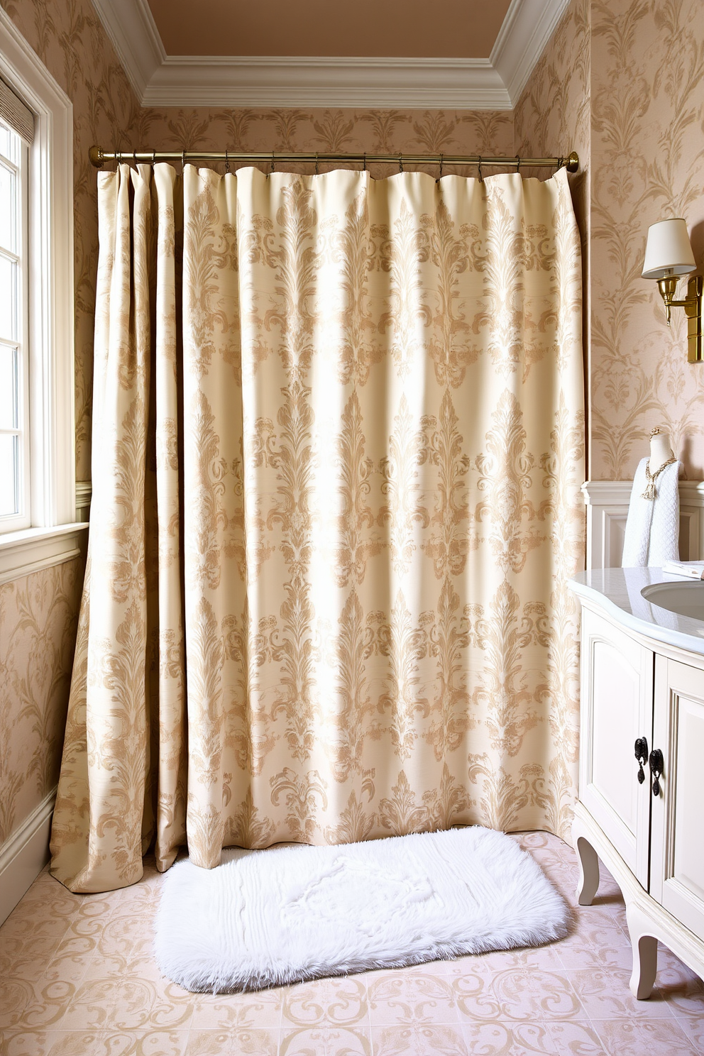 A luxurious bathroom featuring elegant damask prints in soft hues. The shower curtain showcases intricate patterns that add a touch of sophistication to the space. Complementing the shower curtain, the walls are adorned with subtle damask wallpaper that enhances the overall elegance. A plush rug with a matching design lies beneath the shower area, creating a cohesive and stylish look.