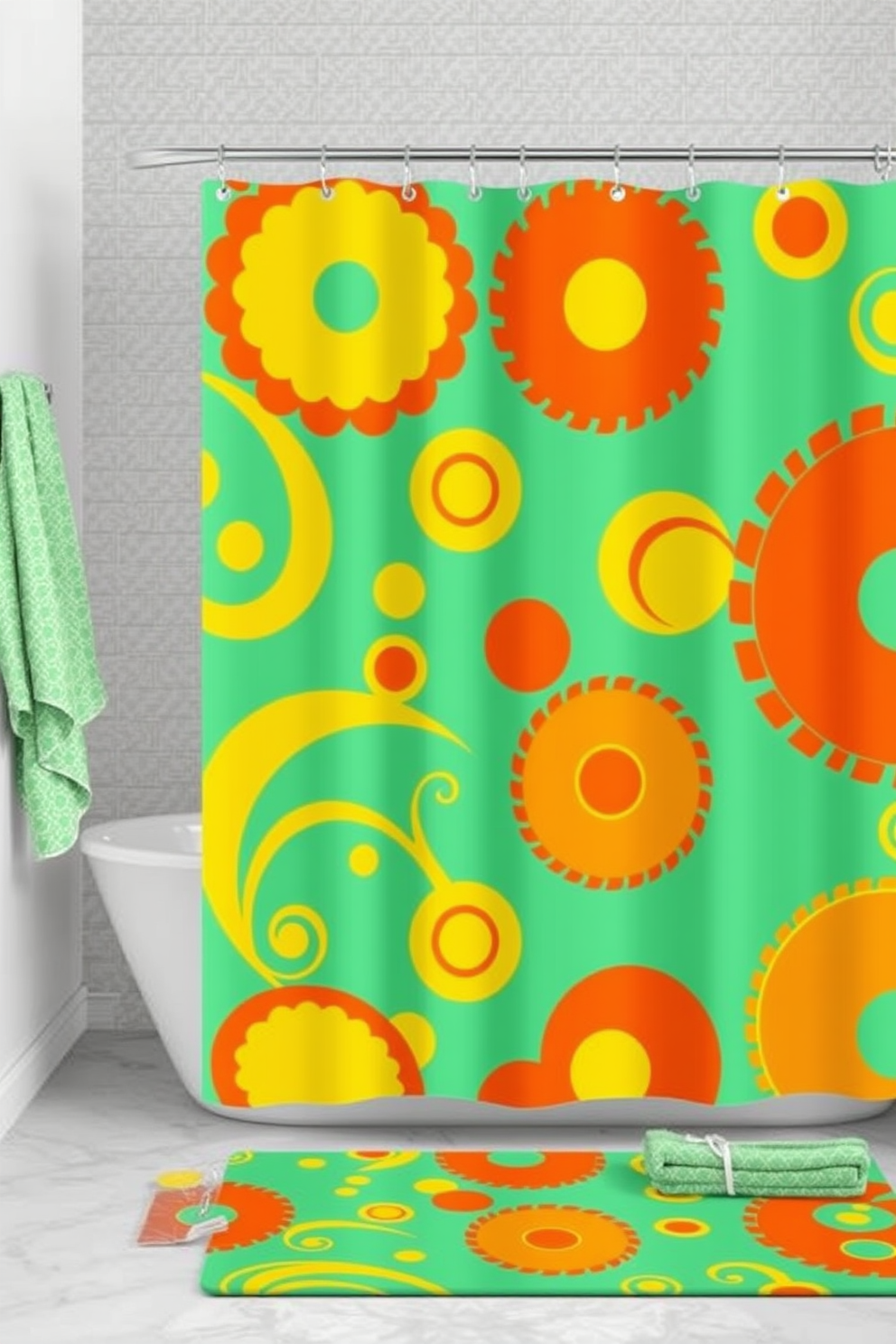 A vibrant shower curtain design featuring bold retro patterns inspired by the 70s. The colors include bright oranges, yellows, and greens, creating a lively and nostalgic atmosphere in the bathroom. Geometric shapes and swirling motifs dominate the fabric, bringing a playful touch to the space. This design is complemented by matching accessories such as towels and bath mats to enhance the retro theme.