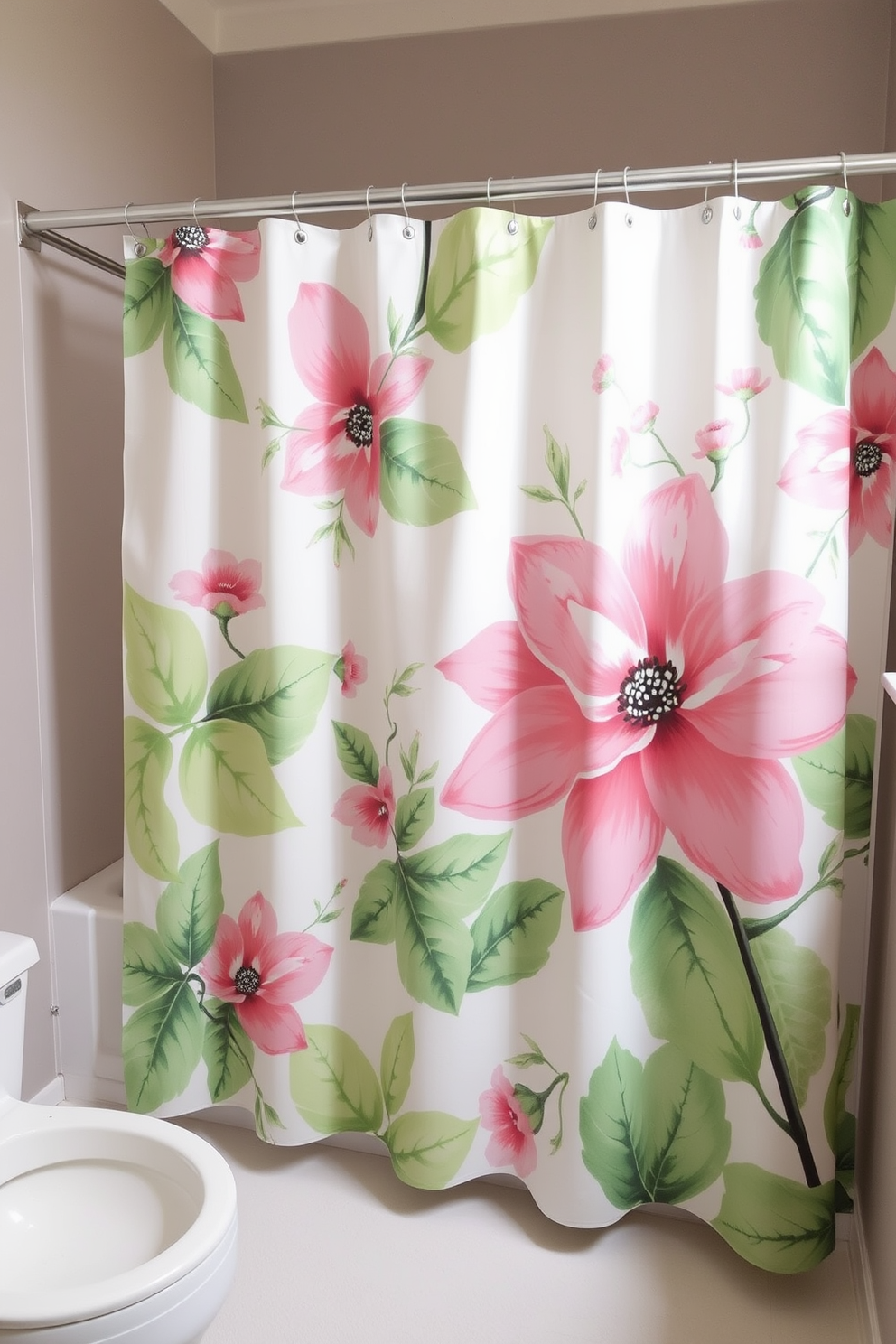 A vibrant shower curtain featuring large, nature-inspired floral prints in shades of green and pink. The design includes intricate details of leaves and blossoms, creating a fresh and inviting atmosphere in the bathroom. The fabric is lightweight and water-resistant, ensuring durability while enhancing the overall aesthetic. This shower curtain complements a neutral color palette, bringing a touch of the outdoors inside.