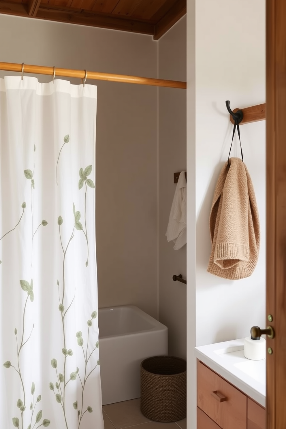 A serene bathroom space featuring eco-friendly materials that promote sustainability. The shower curtain is made from organic cotton with a botanical print, complementing the natural wood accents throughout the room. The design includes a bamboo rod and recycled plastic hooks for a cohesive look. Soft, neutral tones are used in the decor, creating a calming atmosphere that enhances the eco-conscious theme.