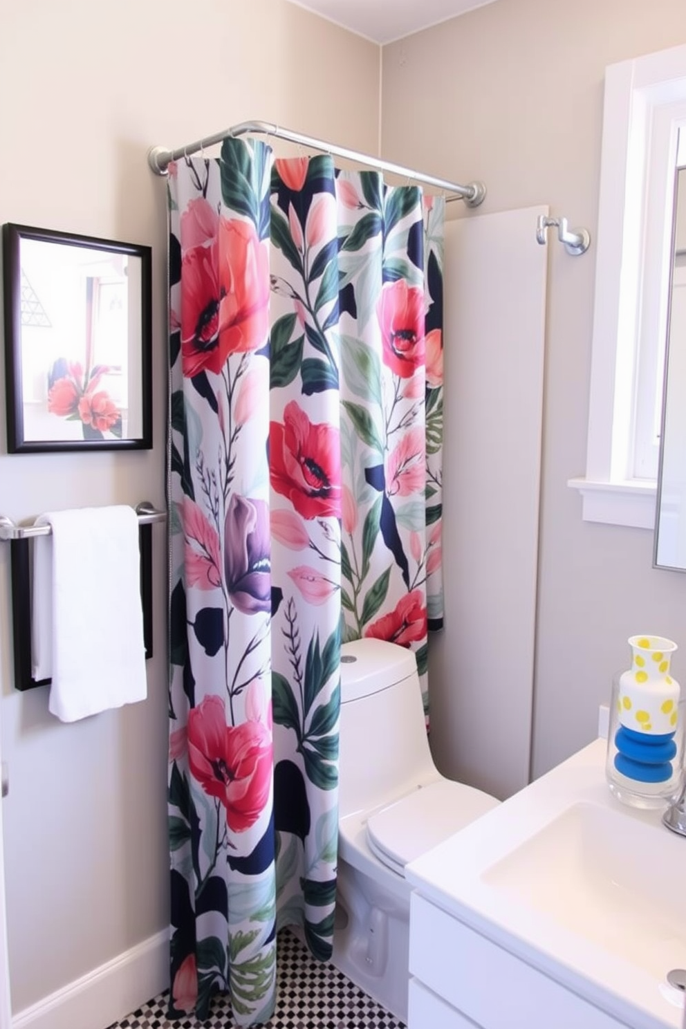 Custom photo prints for unique decor. The prints feature vibrant colors and abstract designs that complement the overall theme of the room. Shower curtain design ideas. The curtains showcase a blend of botanical patterns and geometric shapes, adding a touch of modern elegance to the bathroom.