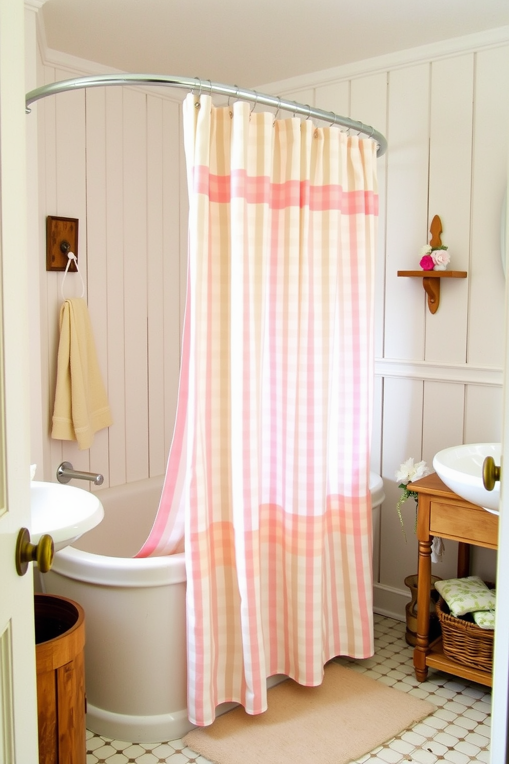 A charming cottage bathroom featuring a shower area adorned with a cheerful gingham check shower curtain in soft pastel colors. The space is complemented by rustic wooden accents, including a vintage ladder for towel storage and a woven basket for toiletries.