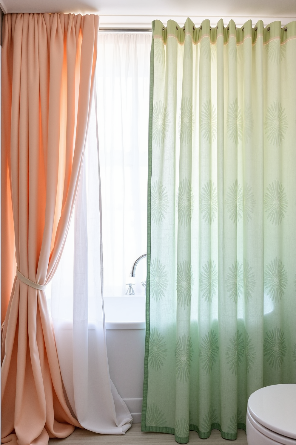 A vibrant shower curtain design featuring a bold pattern of tropical leaves in shades of green, yellow, and coral. The background is a soft sky blue, creating a cheerful and refreshing atmosphere in the bathroom. Incorporate playful elements like colorful parrots and hibiscus flowers scattered throughout the design. The overall look should evoke a sense of a sunny beach getaway, perfect for brightening up any space.