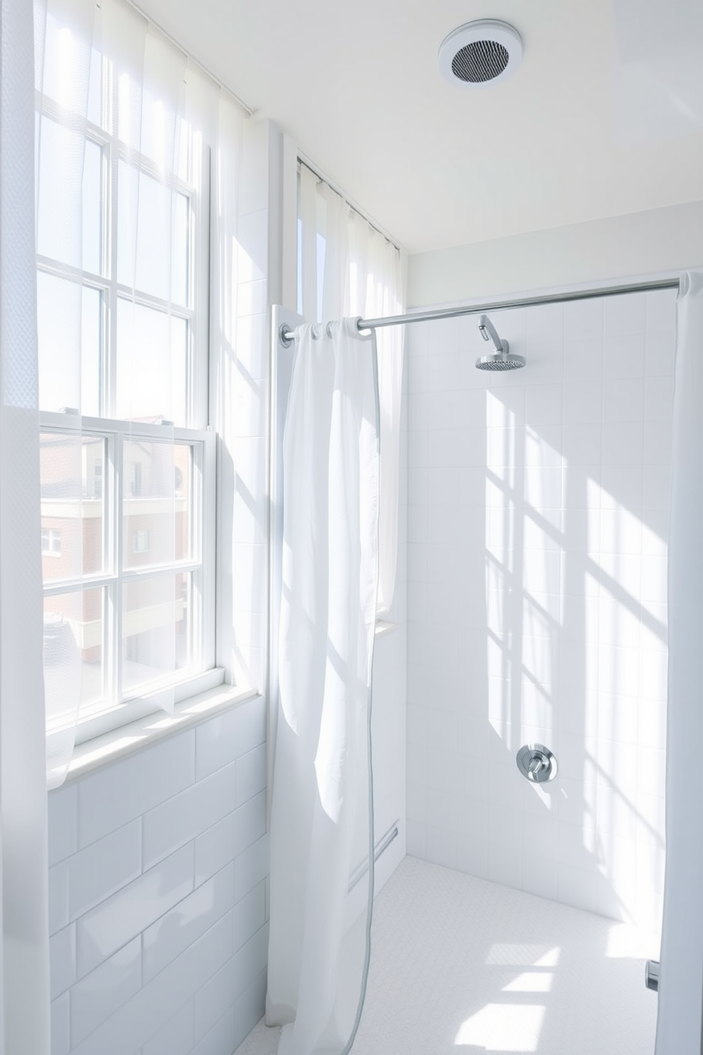 A bright and airy bathroom filled with natural light. The windows are adorned with sheer transparent curtains that softly diffuse the sunlight. The shower area features a stylish shower curtain with a modern geometric pattern. The color palette is a soothing blend of soft blues and whites, creating a serene atmosphere.