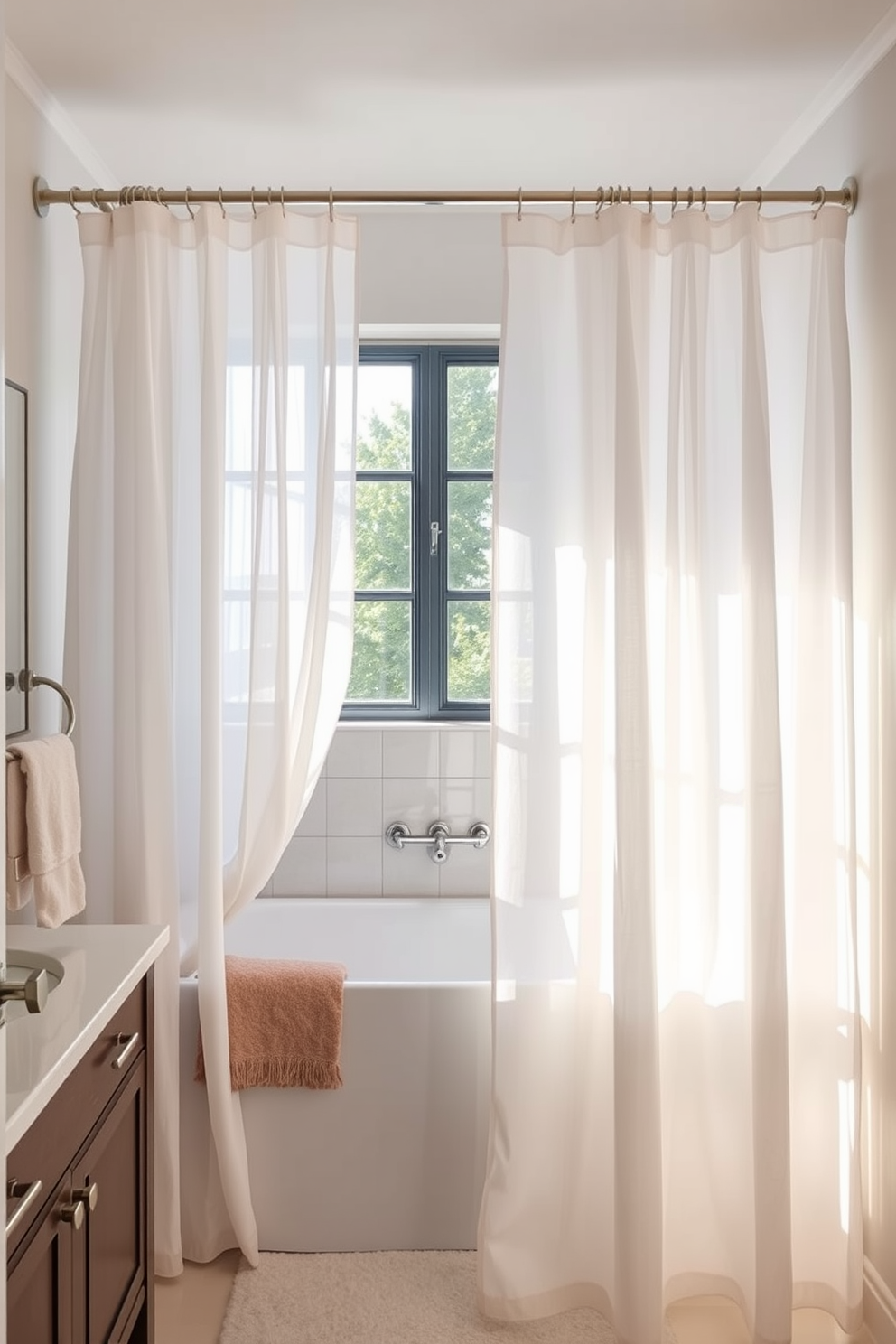 A serene bathroom ambiance featuring layered sheer curtains that gently diffuse natural light creating a soft and inviting atmosphere. The curtains are elegantly draped from a polished curtain rod, enhancing the overall aesthetic of the space. Innovative shower curtain design ideas that incorporate bold patterns and textures to elevate the bathroom decor. The shower curtain complements the color scheme of the room while providing a stylish focal point.