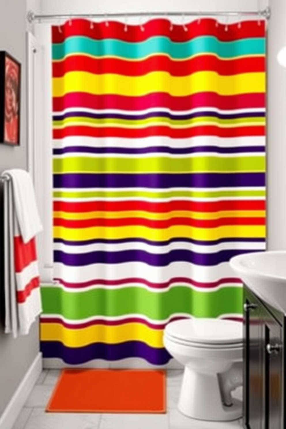 A vibrant shower curtain design featuring bold stripes in contrasting colors creates a striking focal point in the bathroom. The playful pattern adds visual interest while complementing the overall decor theme. Consider using a combination of wide and narrow stripes for a dynamic effect. This design can enhance the sense of space and bring a modern touch to your bathroom.