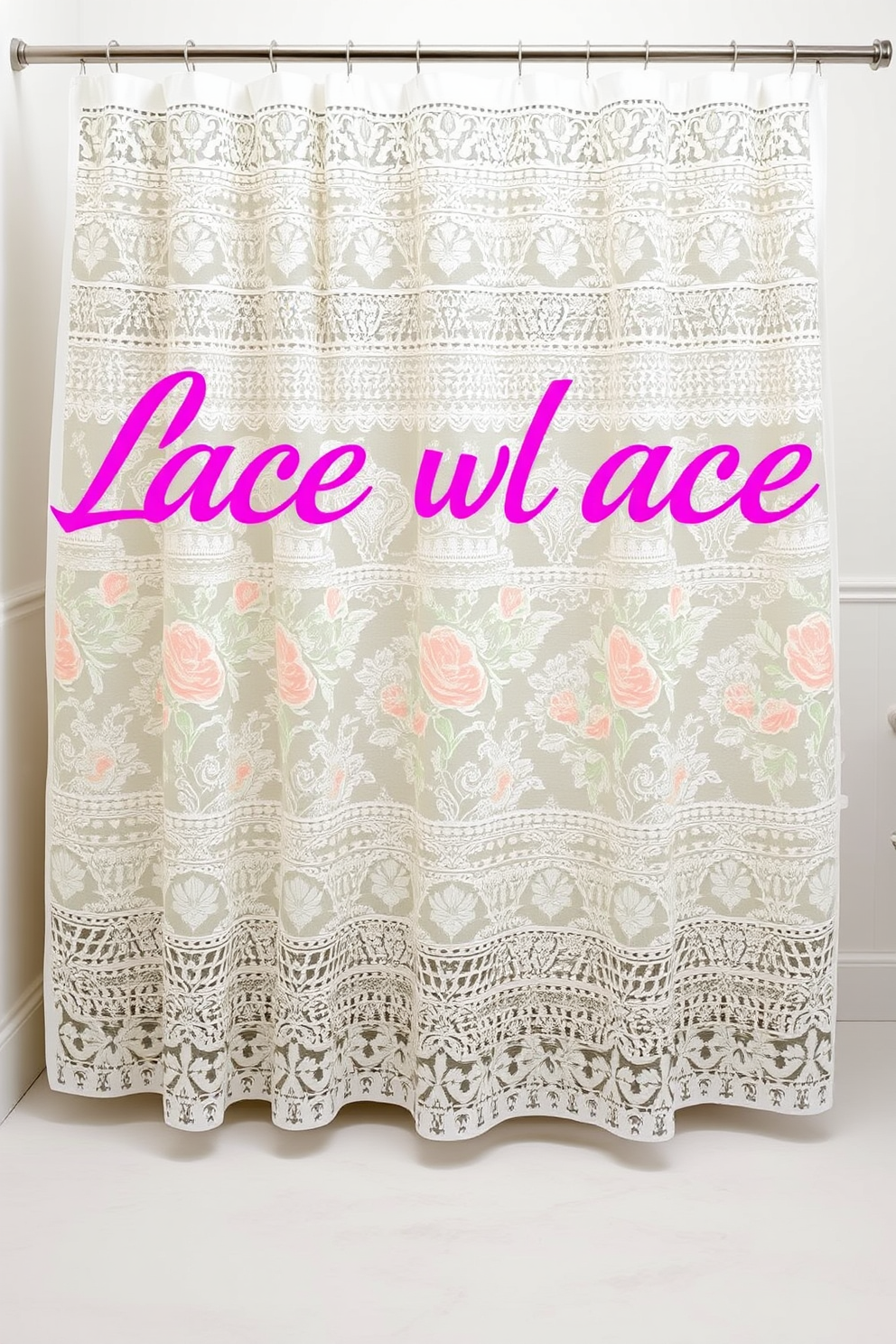 A vintage lace shower curtain design featuring intricate floral patterns in soft pastels. The curtain drapes elegantly, adding a classic touch to a serene bathroom ambiance.