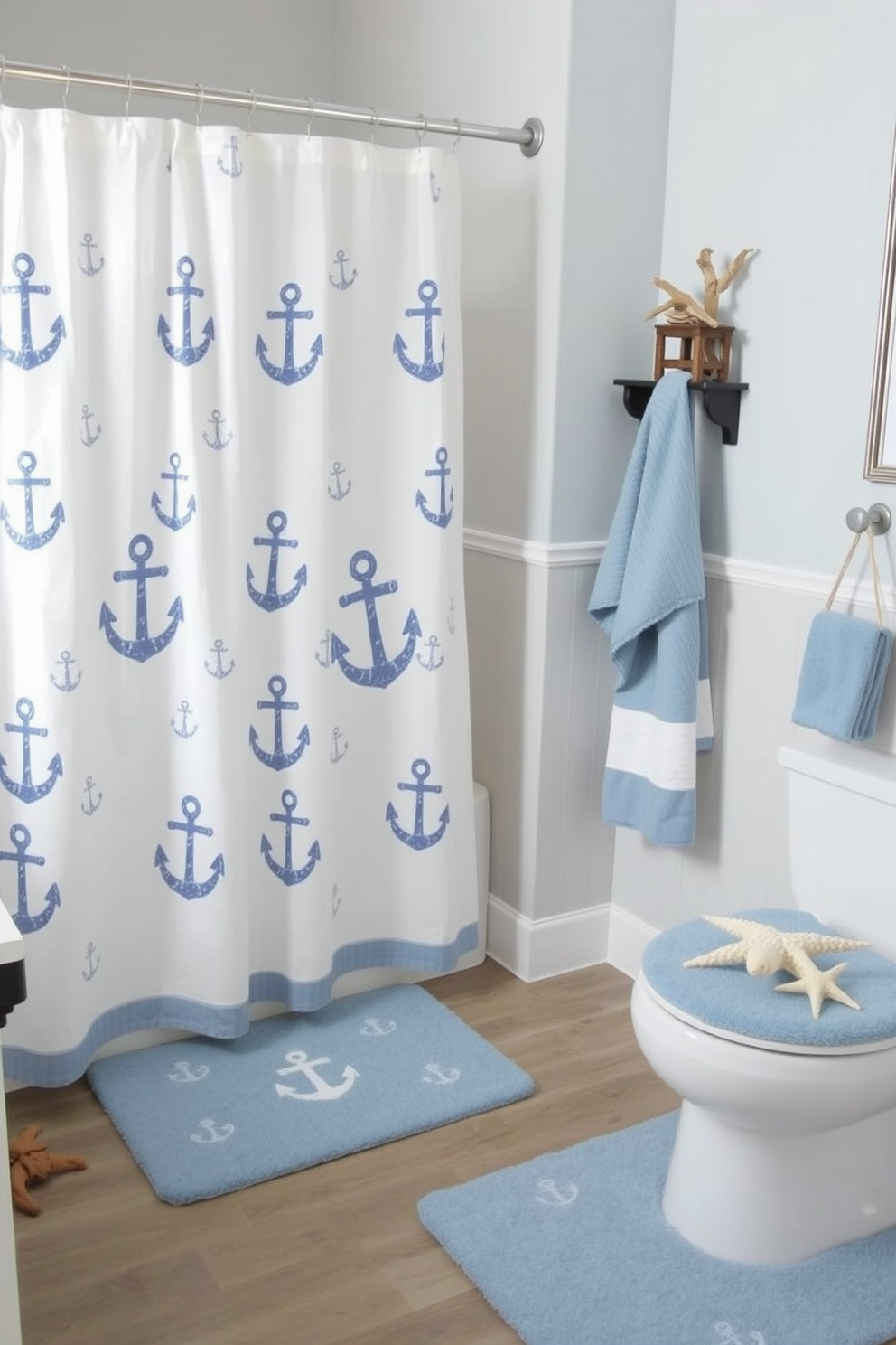 A nautical themed shower curtain design featuring bold navy and white stripes interspersed with playful anchor motifs. The curtain exudes a fresh coastal vibe, perfect for adding a touch of the sea to any bathroom decor.