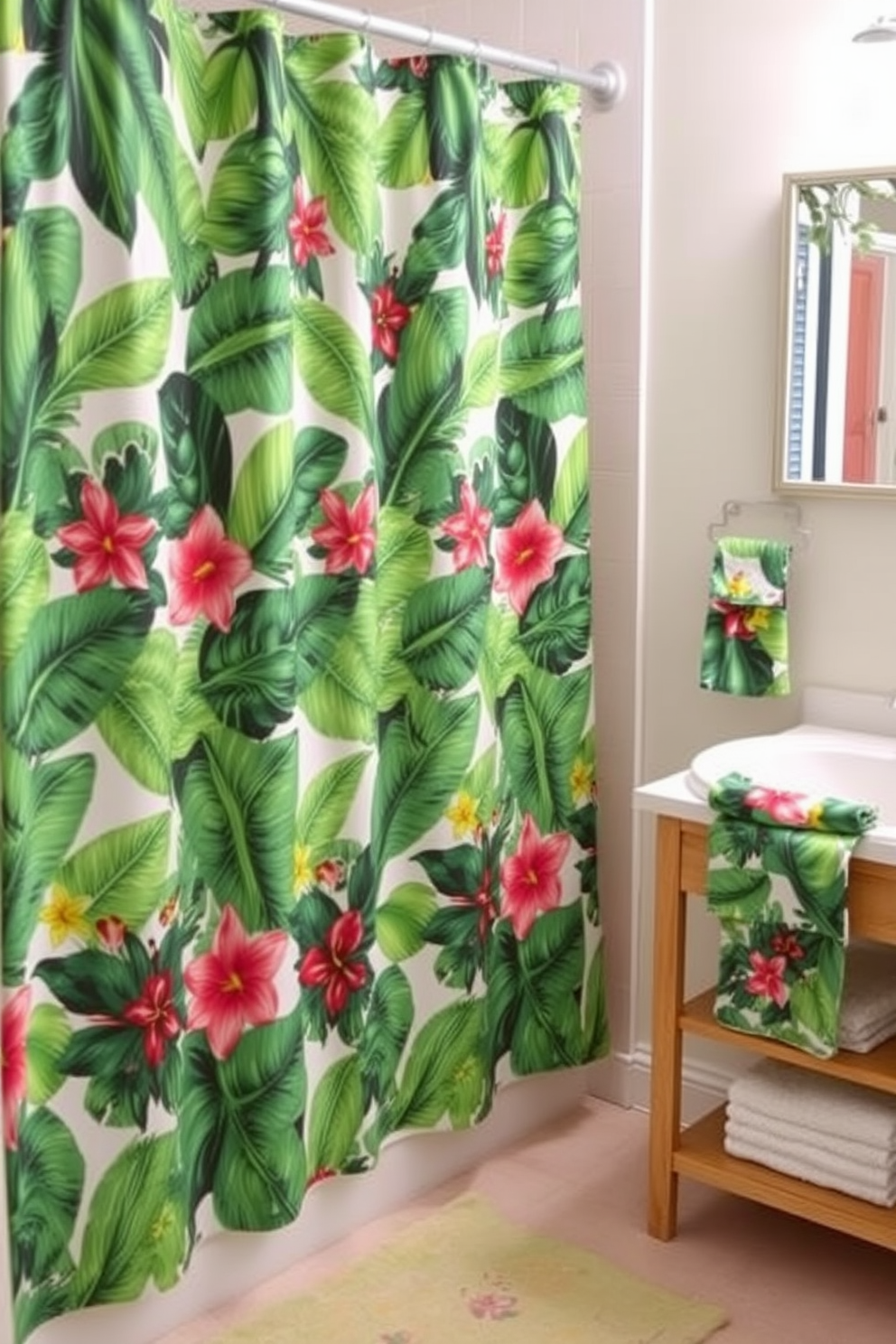 A serene bathroom ambiance is created with minimalist sheer curtains that gently filter natural light. The curtains are a soft white fabric, allowing a bright and airy feel while maintaining privacy. The shower curtain features a simple geometric pattern in muted tones that complements the overall decor. It adds a touch of elegance without overwhelming the space, enhancing the minimalist aesthetic.