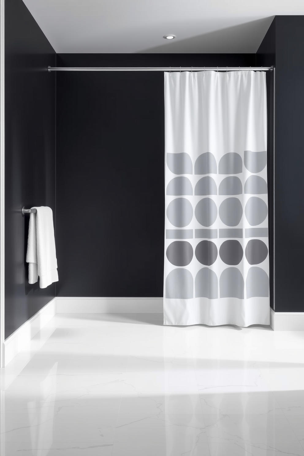 A monochrome bathroom featuring sleek black and white elements. The walls are painted in a deep charcoal shade, complemented by glossy white tiles on the floor. A minimalist shower curtain design with geometric patterns in varying shades of gray. The curtain elegantly frames a spacious glass shower enclosure, enhancing the modern aesthetic.