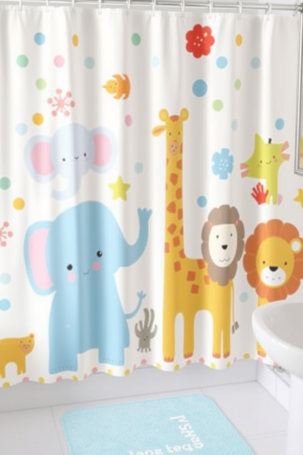 Create a playful shower curtain design for a children's bathroom featuring whimsical animal motifs. Include a variety of colorful cartoon animals such as elephants, giraffes, and lions, set against a bright and cheerful background. Incorporate fun patterns like polka dots or stripes to enhance the playful theme. Ensure the design is vibrant and engaging, appealing to young children while being suitable for a stylish bathroom.