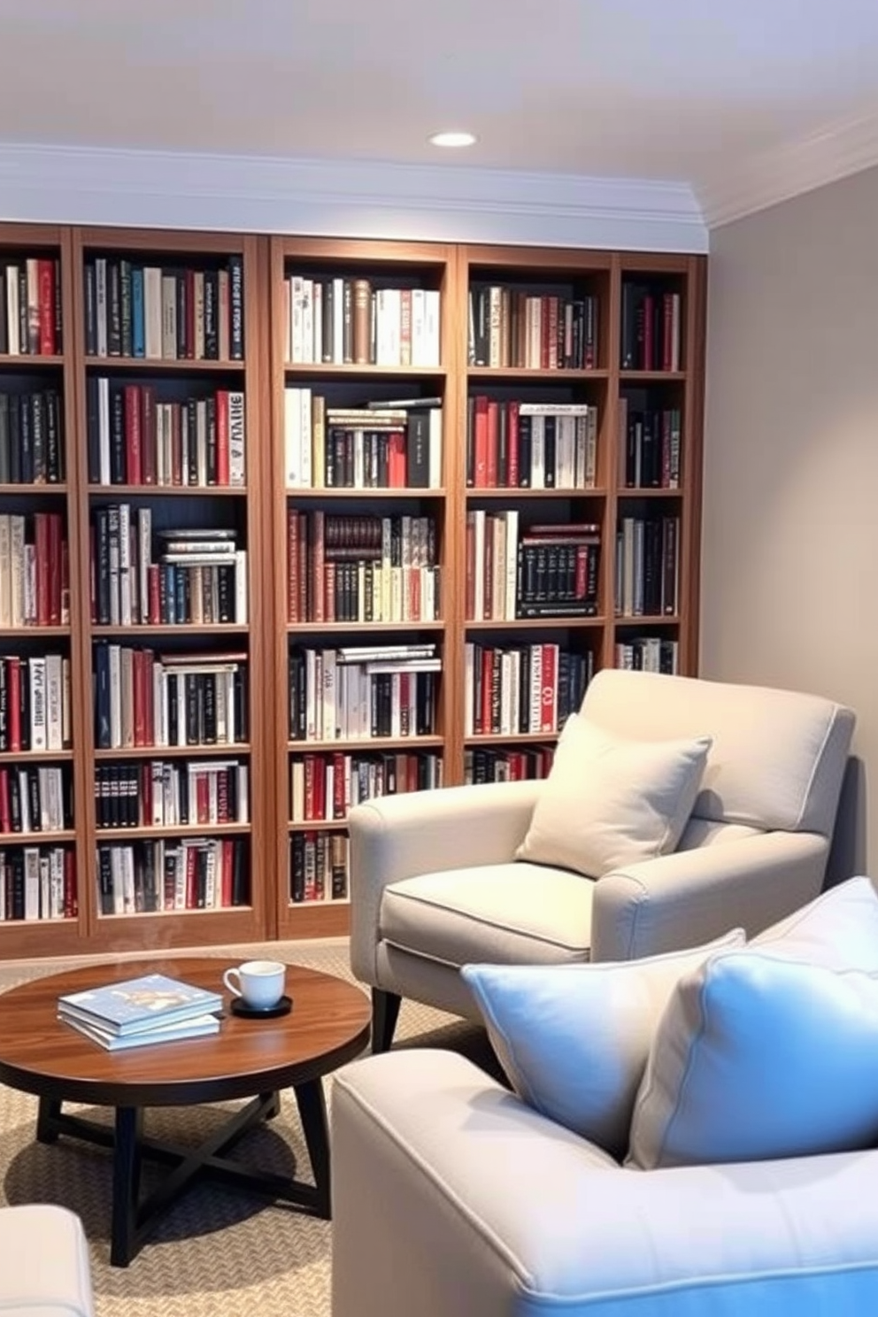 Cozy reading nook with soft lighting. A plush armchair is positioned next to a tall bookshelf filled with various books, while a small side table holds a steaming cup of tea. Simple basement design ideas. The space features a neutral color palette with comfortable seating arranged around a low coffee table, creating an inviting atmosphere for relaxation.